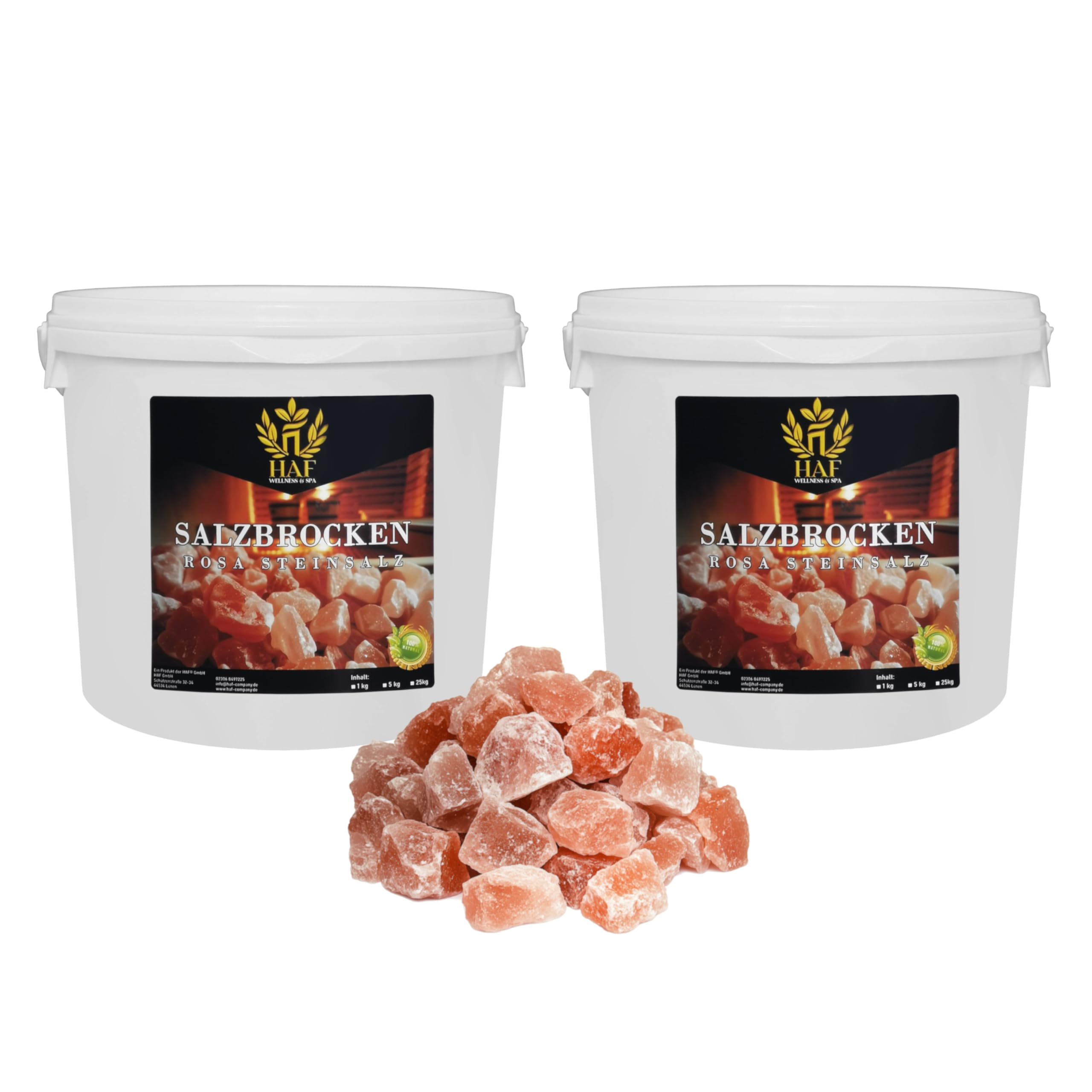 HAF Różowe kawałki soli 10 kg | grube kawałki soli kamiennej bez dodatków i naturalne z zakresu soli w Pakistanie | kamienie solne | rozmiar: 2-5 cm | ilość: 2 x 5 kg w wiadrach