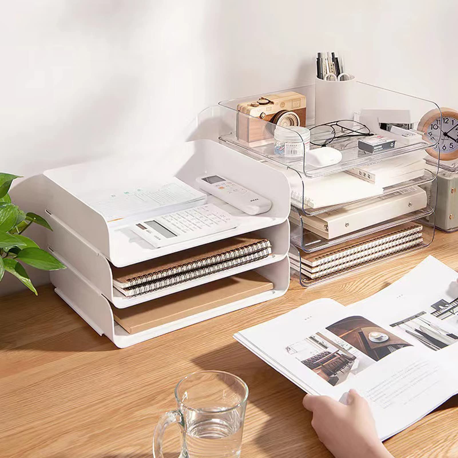 Paquete de 2 bandejas apilables blancas para cartas, bandeja organizadora de papel de escritorio A4, soporte de papel de archivo de escritorio con diseño antideslizante para escritorio de