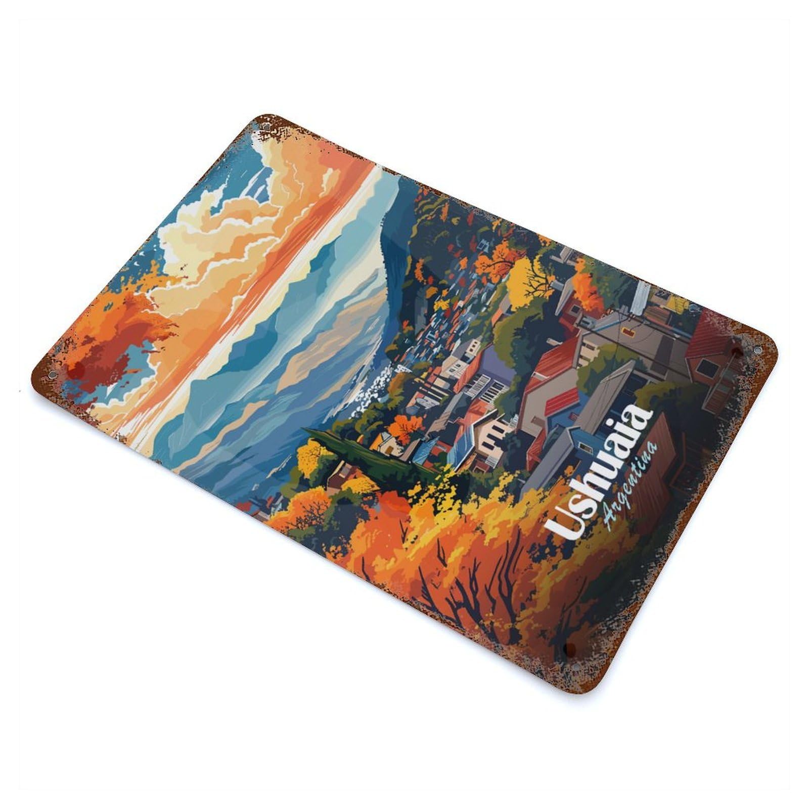 Rust Effect Ushuaia, Argentina, Scenic Landscape Art Vintage Metal Tin Sign 11.8"x7.9", Decorative Metal Wall Art for Office, Studio And Wall Decor