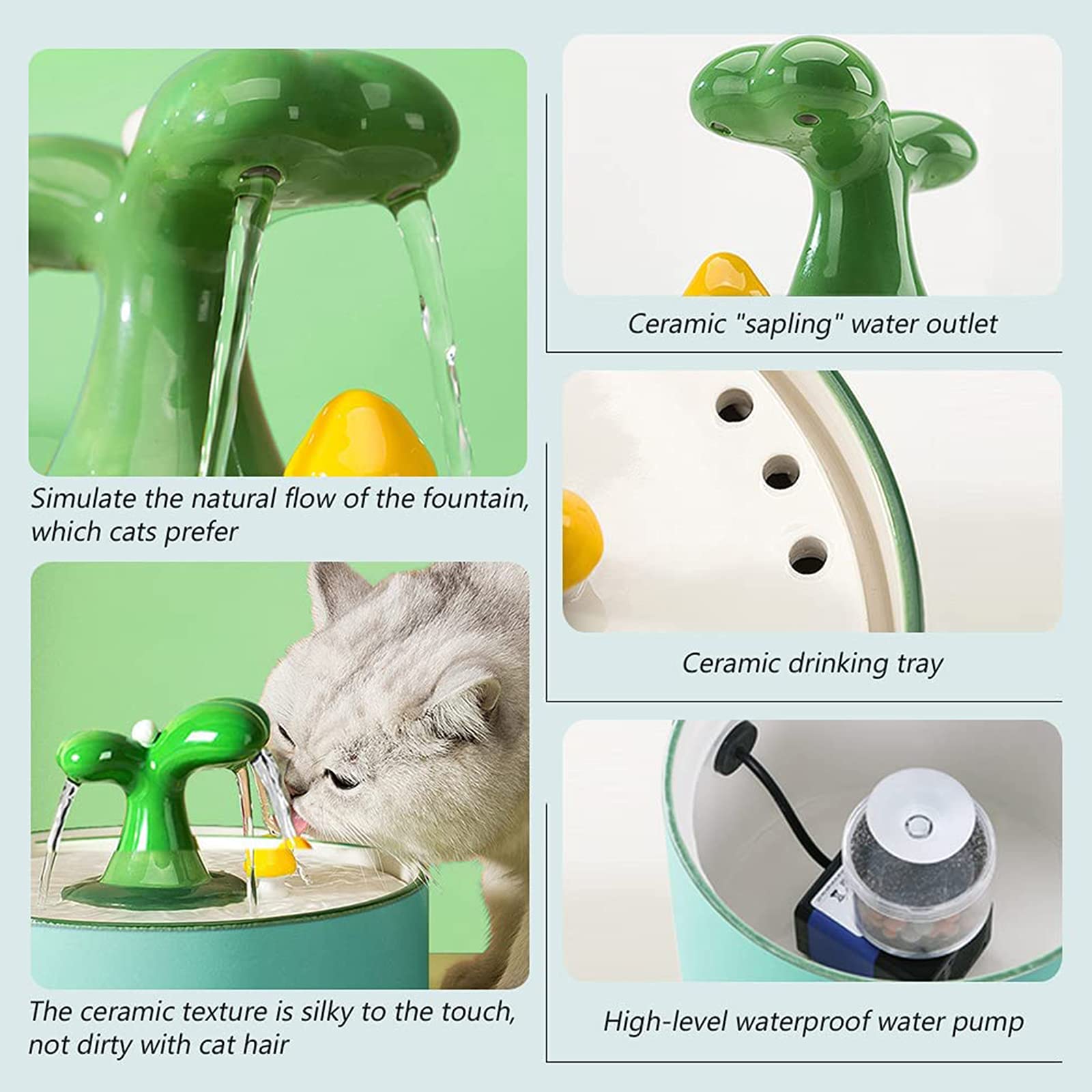 Fontana Ruscello per Animali Domestici in Ceramica, Fontana per Gatti Silenziosa, capacità di 1L/1,5 L d'Acqua,Ciotola con 4 Filtro A Carbone Attivo di Ricambio