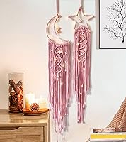 Vista 1 de Atrapasueños de Estrella y Luna, Atrapasueños Rosa Decoración de Habitación, Atrapasueños de Macramé Decoración de Pared para Dormitorio de Niñas