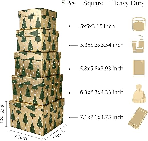Miniatura 5 de PAPER FAIR Juego de 5 cajas de regalo de Navidad, papel de aluminio dorado verde árbol de Navidad cuadrado plano caja anidada de cartón con tapa,