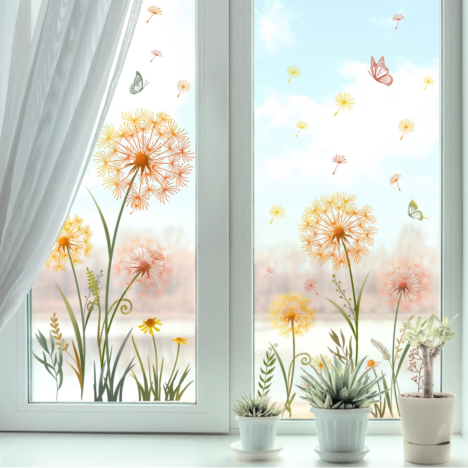 Tanlaby Jaune Pissenlits Fenêtre Stickers Papillon Plante Autocollants Fenêtre Printemps Été Vitre Stickers Anti-Collision Réutilisables Double Face pour Fenêtre Maison Café Verre Porte Décoration