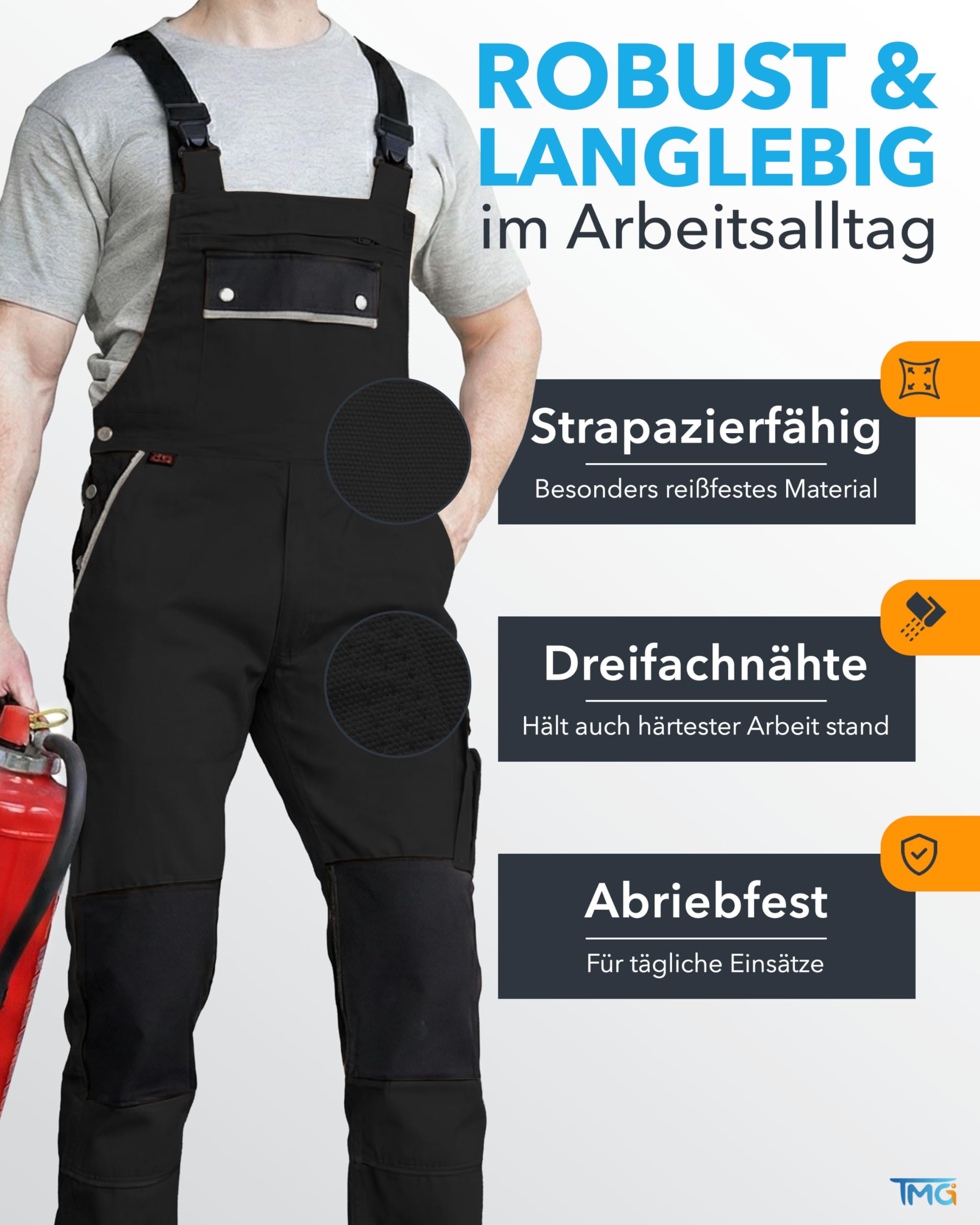 TMG® | Lange Arbeitslatzhose Herren, Schwarze Latzhose mit Kniepolstertaschen aus Cordura, viel Stauraum, robust