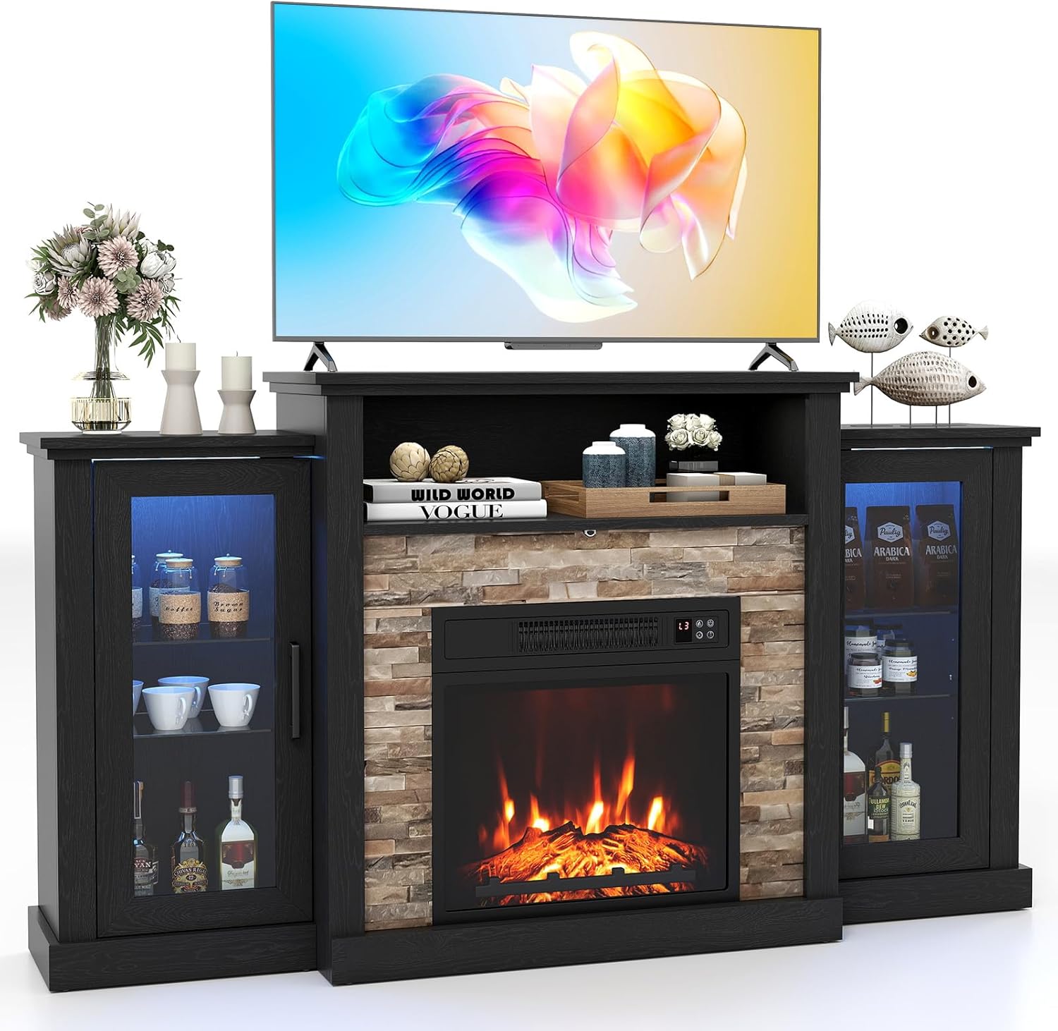 ARLIME 59 Inch Electric Fireplace TV Stand, Fireplace Heater with Mantel, 19 Inch Fireplace Insert with Remote/App Control, 16 Color LED Lights & Overheat Protection for Living Room (Black)