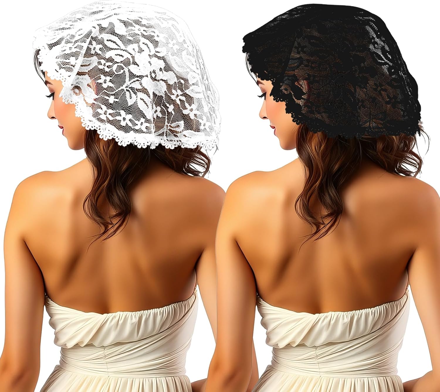 2 Pcs Lace Embroidery Head Coverings for Women, Short Veil, Chapel Cap Veils, Circle Round Floral Lace Mantilla Black White (Five Petal Flower)