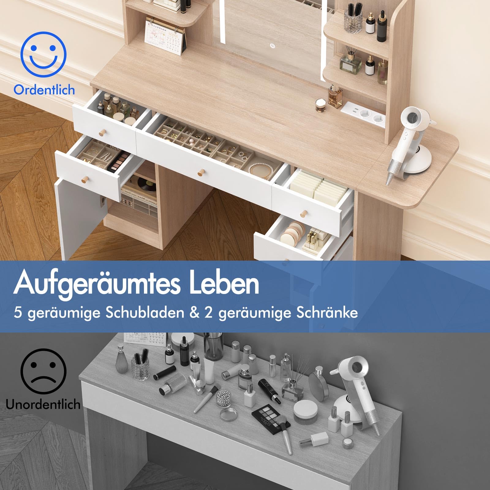 ALFORDSON Schminktisch mit Beleuchtung, Hocker, 6 Offene Regale, Eiche