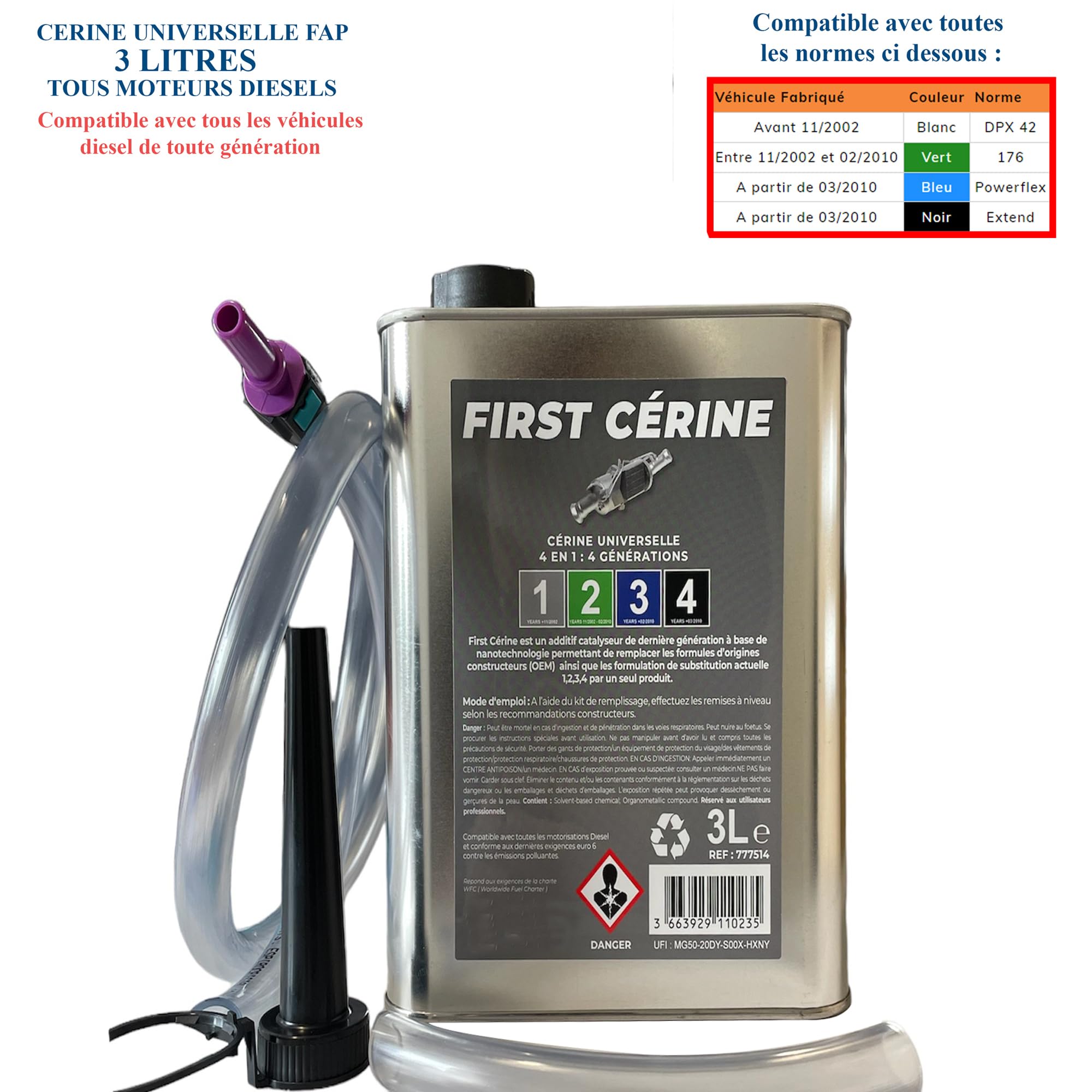 Additif Cérine Universelle 3 Litres pour FAP DPF Filtre à Particules compatible avec Tous Véhicules Diesel