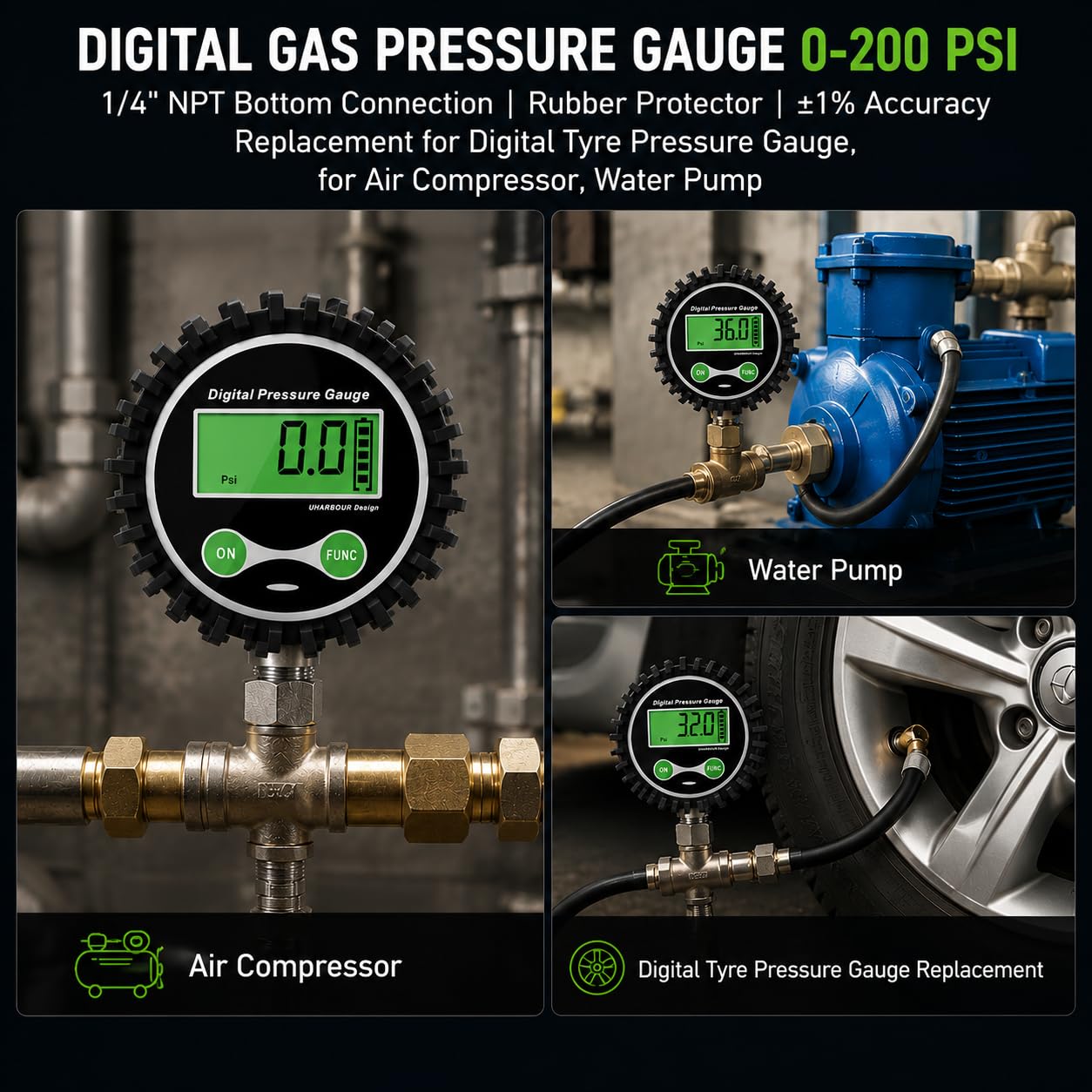 Manometro Digitale per Gas con Connettore 1/4" NPT, Basso e Protezione in Gomma, 0-200 psi, Accuratezza 1% f.s.