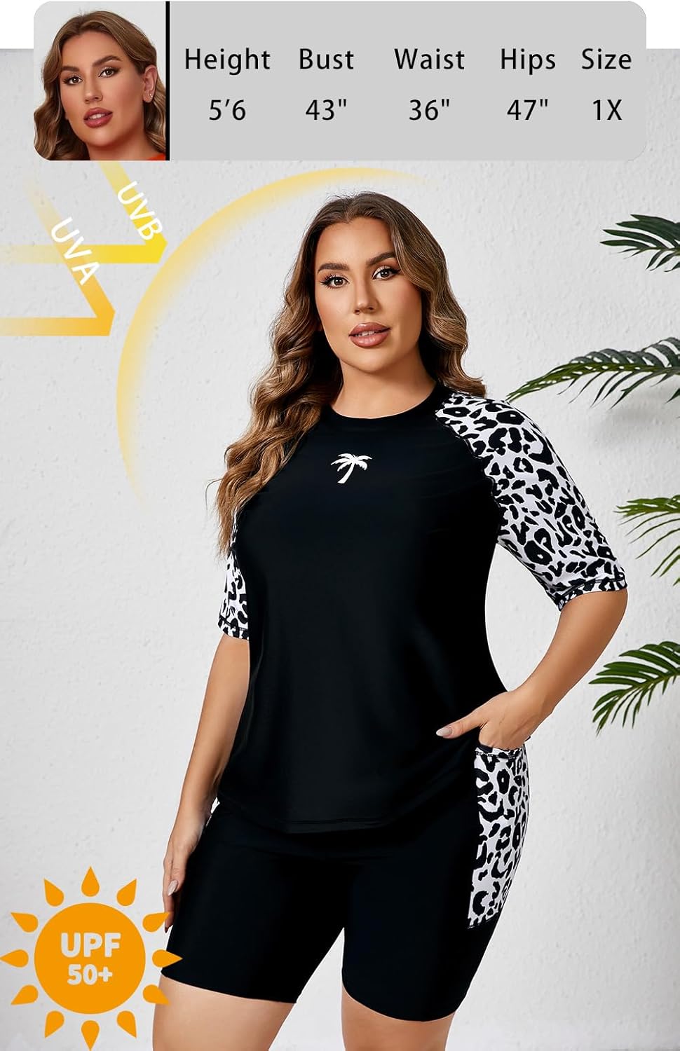 Halcurt Women's Plus Built in Bra Rash Guard Two Piece Swim Shirt and Pockets Boyleg Shorts - Image 4