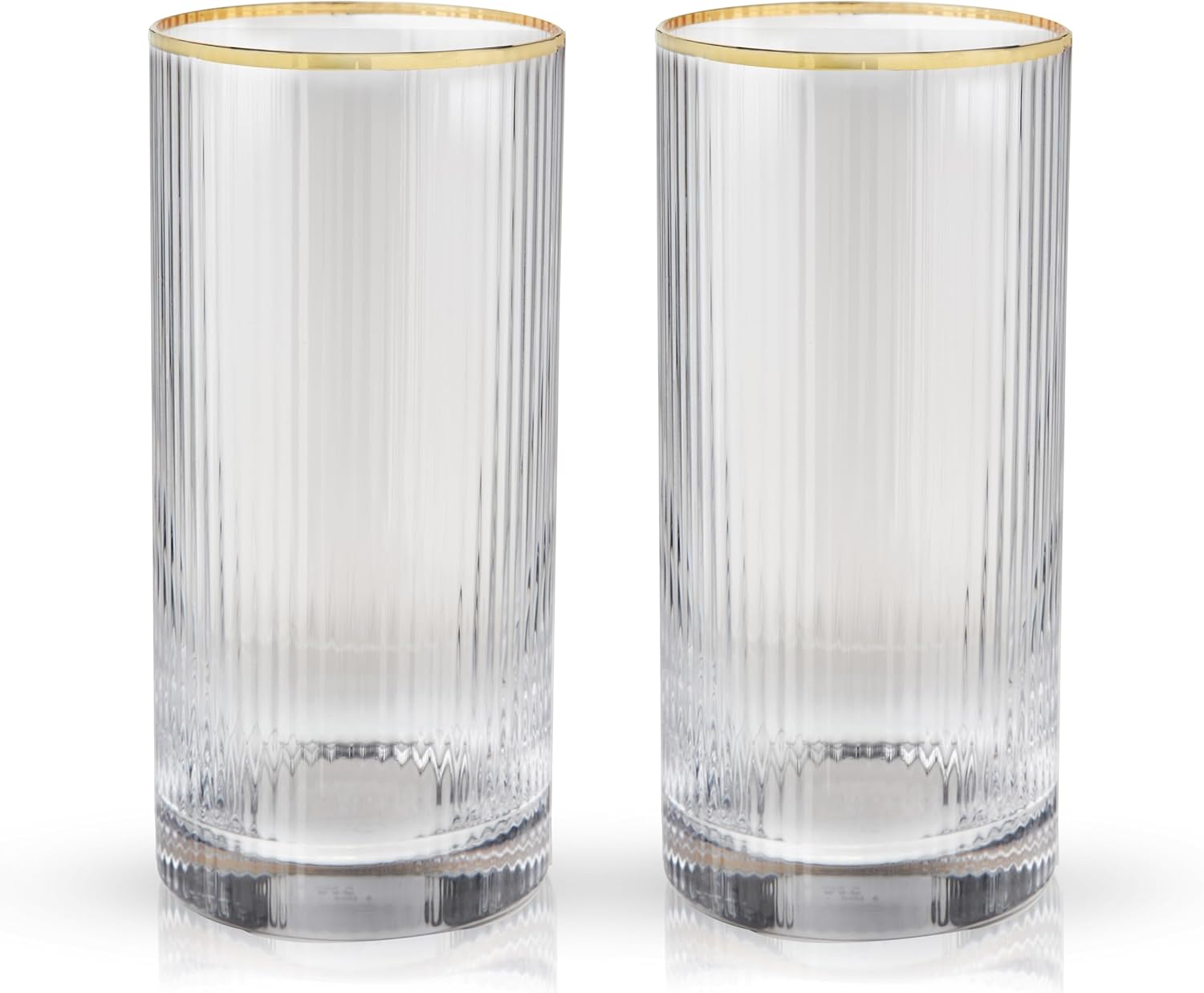 Viski Meridian Highball Glasses Set of 2 - Vintage Drinking Glass, Art Deco Ripple Glassware Design, 15oz Gold Rimmed Collins Glasses Set - Image 12