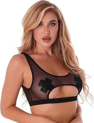 Miniatura 3 de Freebily Top corto de malla transparente para mujer, con cuello en U, sin forro, sin forro, camiseta de tirantes