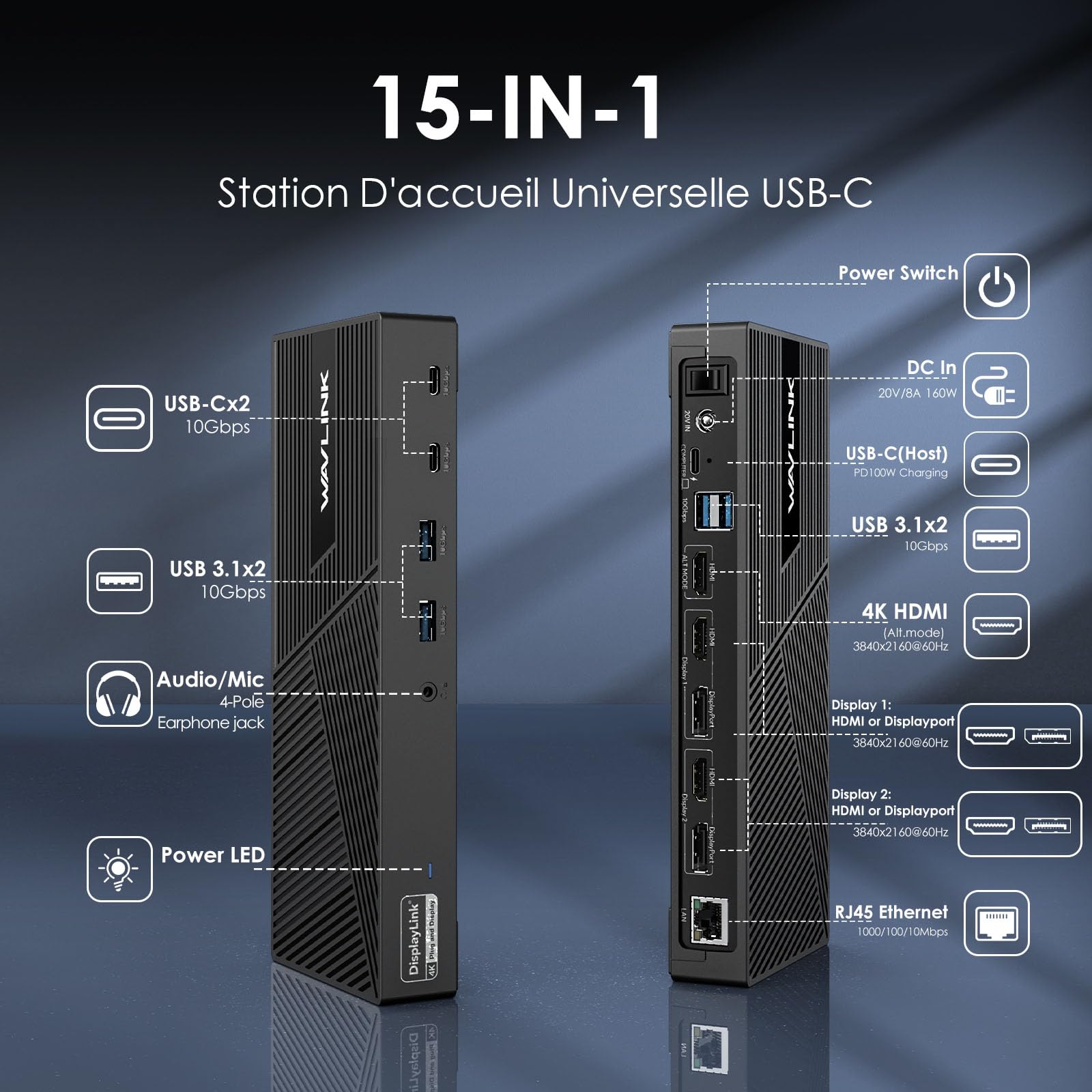 WAVLINK Station d'accueil USB-C DisplayLink 15-en-1, Compatible avec MacBook Neo, Triple écrans 4K (3X HDMI + 2X DP), Charge 100W PD, 10 Gbit/s, LAN Gigabit, pour Windows & Mac (M1/M2/M3 Inclus)