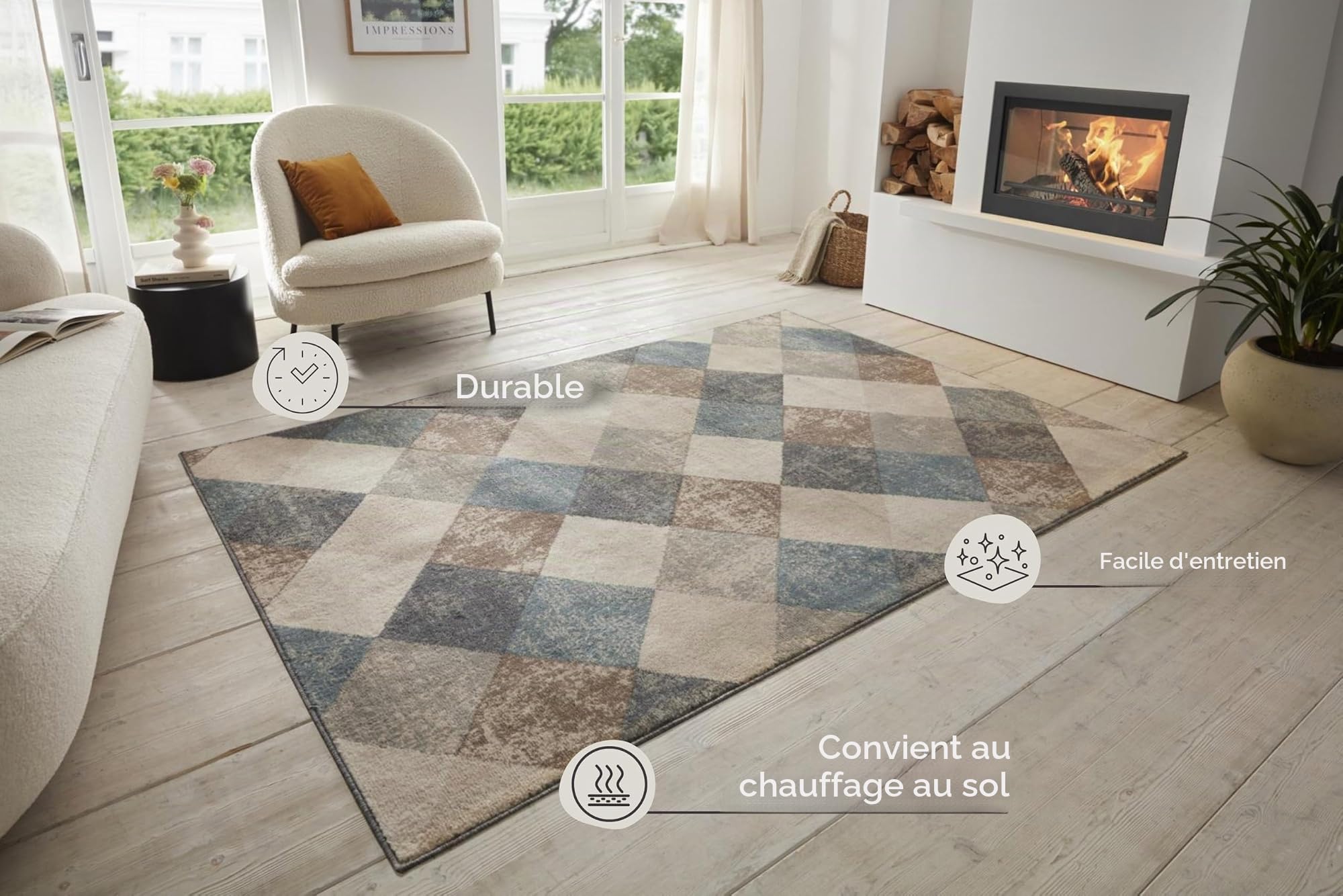 Hanse Home Bakke Tapis Design de Salon à Poils Courts Moderne, Motif géométrique à Losanges, Tissage Plat pour Salle à Manger, Chambre d'enfant, Chambre d'adolescent, Couloir, Cuisine, crème, 160 x