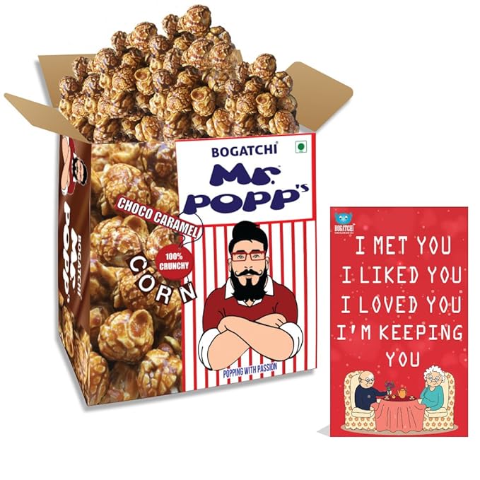 BOGATCHI Mr.POPP's Chocolate Crunchy Caramel Popcorn, Handcrafted Gourmet Popcorn, Best Anniversary Gift for Parents, 375g + Free Happy Anniversary Greeting Card