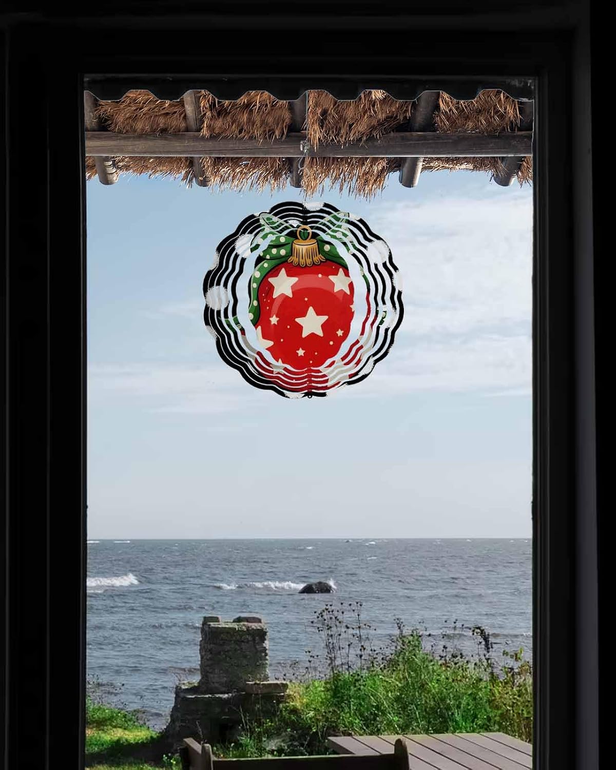 Merry Christmas Wind Spinner 3D Stainless Steel, 12 Inch Double Sided Circle Hanging Wind Spinners, Xmas Ball White Polka Dots Garden Art Wind Sculpture for Yard Porch Front Door