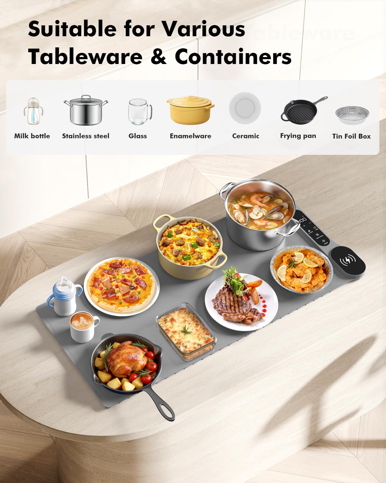 Alfombra Calentador Comida Portatil Nueva con Carga Inalámbrica, 34"x15" Extra Grande, 7 Niveles de Temperatura, Temporizador de 8 Horas, Bandeja Calefactora Eléctrica para Comidas y Fiestas (Gris)