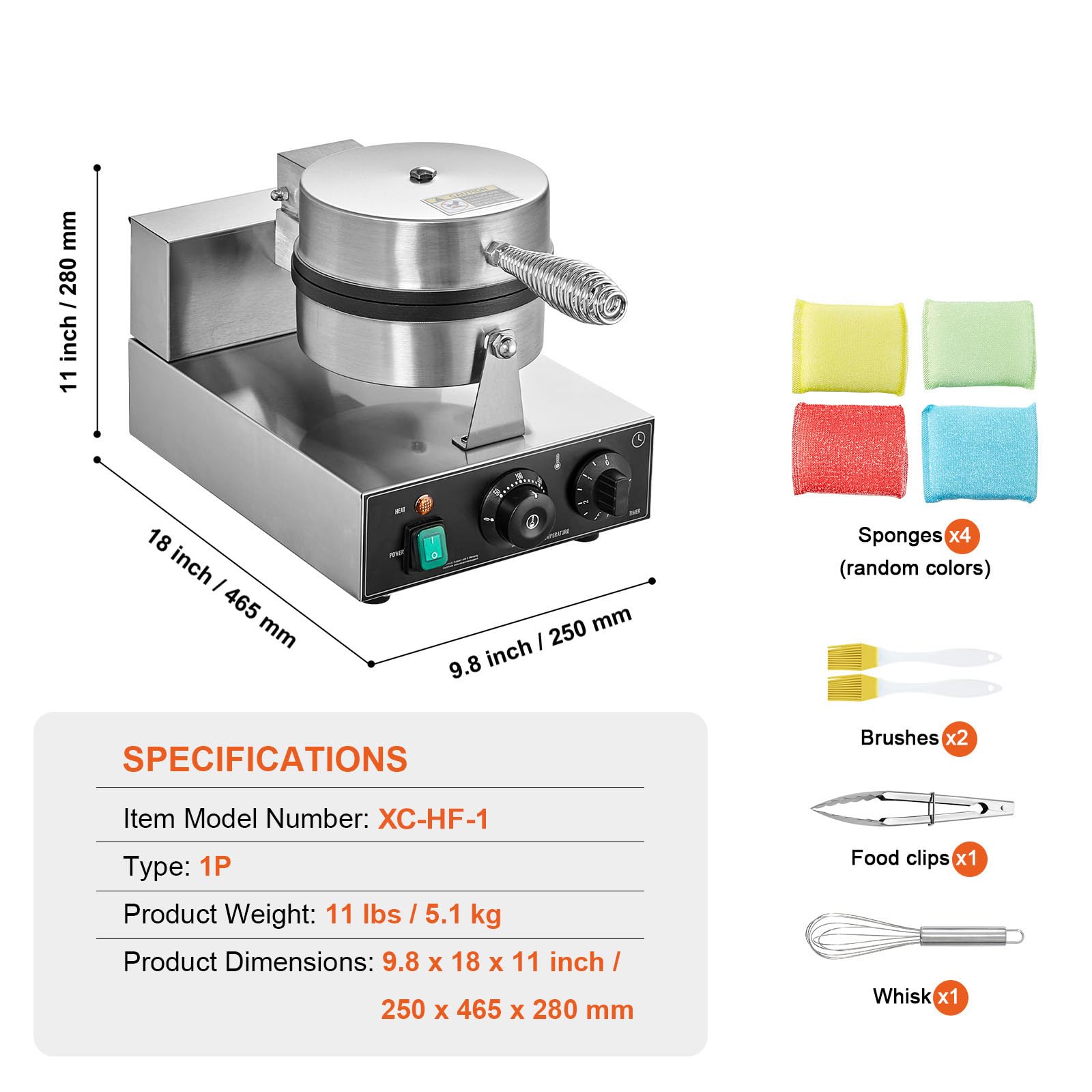 VEVOR Máquina para Hacer Gofres Comerciales, 1230 W, Acero Inoxidable Antiadherente con Control de Temperatura y Tiempo, Asa, para Restaurantes, Panaderías, Bares y Familias, 250 x 465 x 280 mm