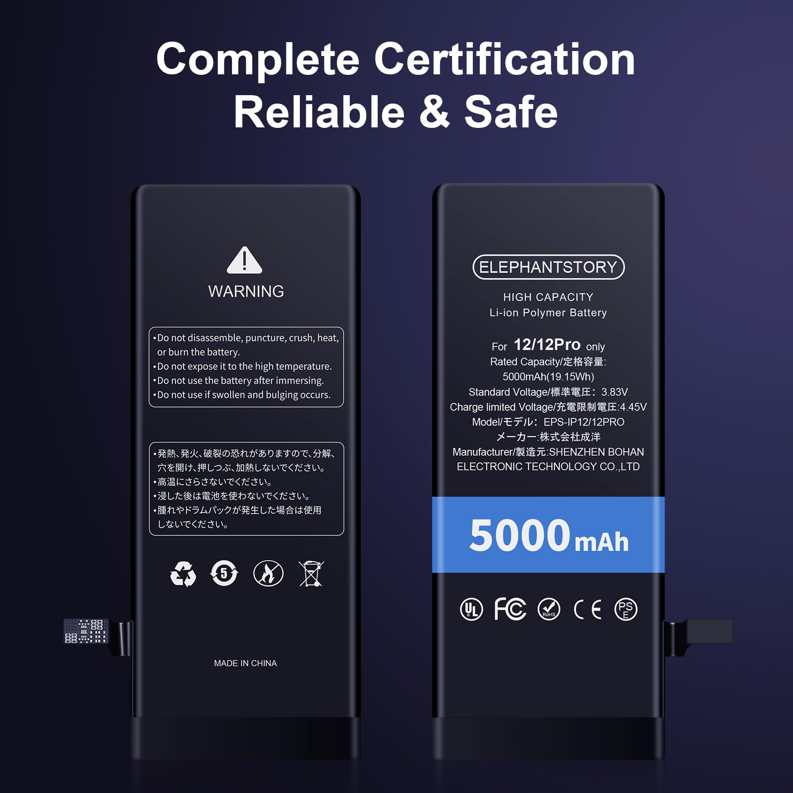 Elephantstory Akku für iPhone 12/12 Pro, 5000 mAh Hohe Kapazität Ersatzakku Lithium Polymer Akku mit Reparatur Werkzeugsatz und Anleitung Buch