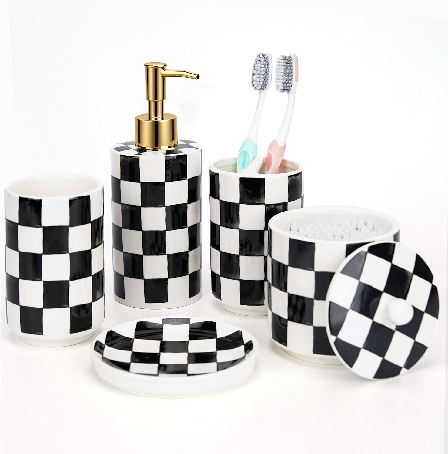 Ceramic Bathroom Soap Dispenser Set, Black and White Checkered Bathroom Vanity Set with Lotion Pump, Toothbrush Holder, Soap Dish & Storage Jar, Modern Bathroom Sink Accessories