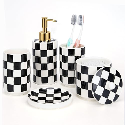 Ceramic Bathroom Soap Dispenser Set, Black and White Checkered Bathroom