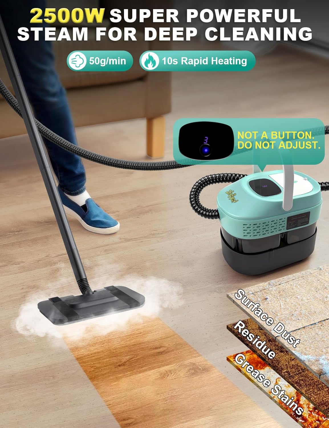 Steam Mop, 19 in 1 Detachable Steam Cleaner, 54OZ Tank, 10S Heat-up, Pressurized Deep Cleaning Steamer, 3-Level Temp & 221°F for Floors, Carpets, Tiles, BBQ grill, Car, Window (MINT GREEN)