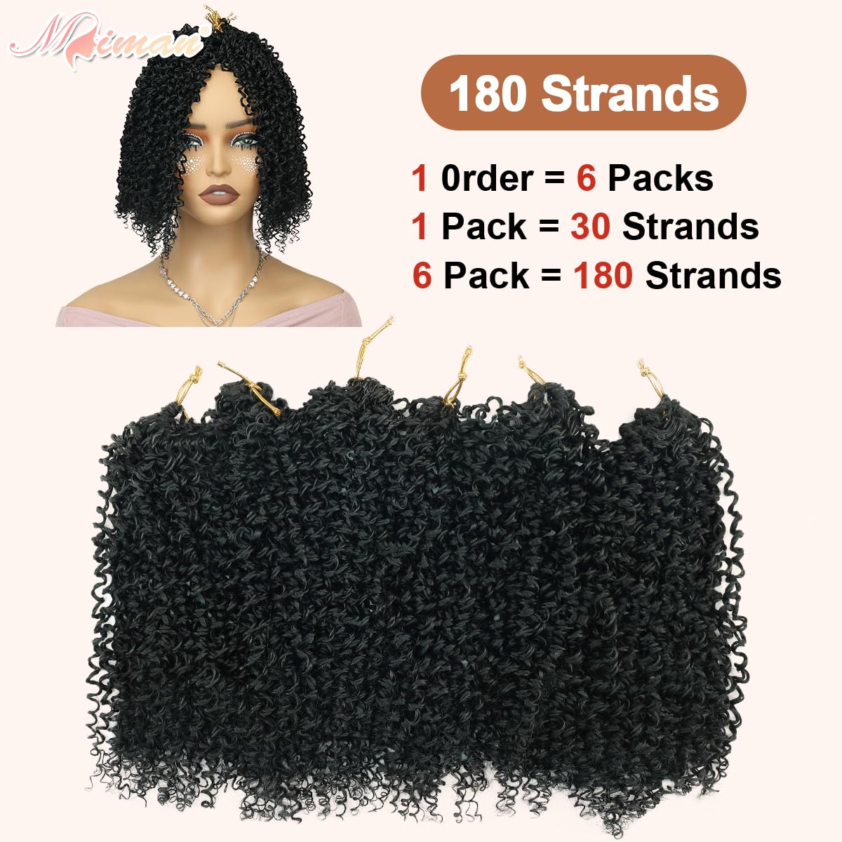 MIMAN 6 Packs 10 Inch Pre-looped Yanky Twist Crochet Hair Braids for Women Synthetic Natural Black Curly Mini Spring Passion Twist Crochet Hair Extensions for DIY Mohawk Braided Ponytail Hairstyle