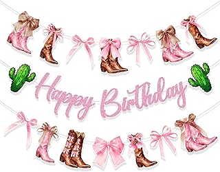 3Pcs Pink Cowgirl Bow Birthday Party Decoration, Glitter Pink Boots & Bows Western Party Decorations Birthday Banner Cowgirl Themed Decor for Baby Shower Suitable for Hanging Indoors & Outdoors