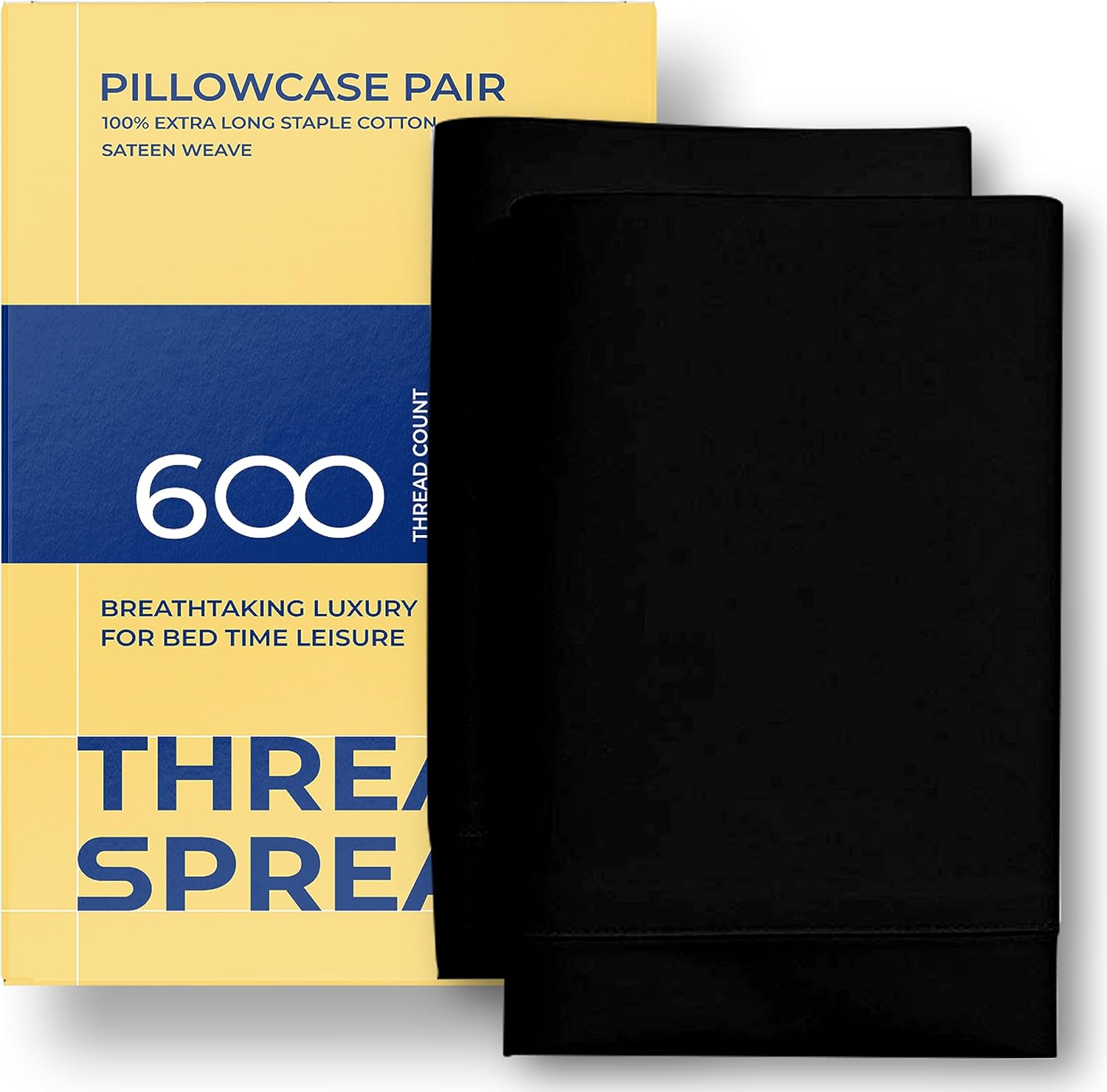 THREAD SPREAD 100% Egyptian Cotton Pillow Cases King - 600 Thread Count Pillowcases King Size Set of 2, Soft Cooling & Breathable Long Staple Sateen Weave Cotton Pillow Covers for Bed, Black
