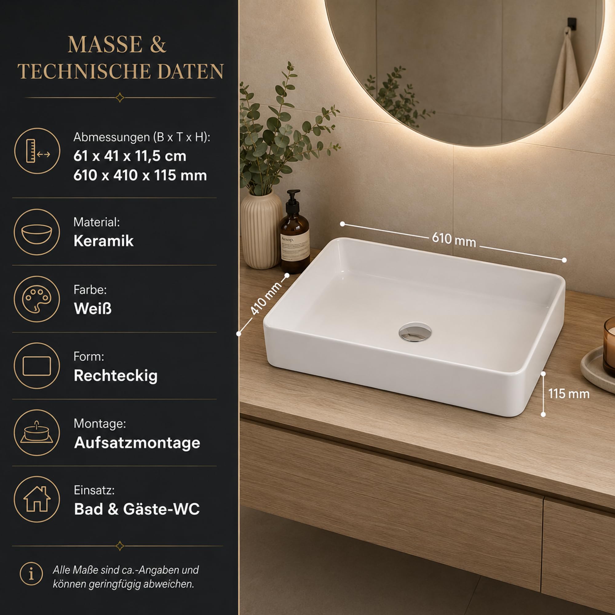 Umywalka premium - umywalka nablatowa na wysoki połysk - umywalka ceramiczna do umywalki - biała - 610 x 410 x 115 mm