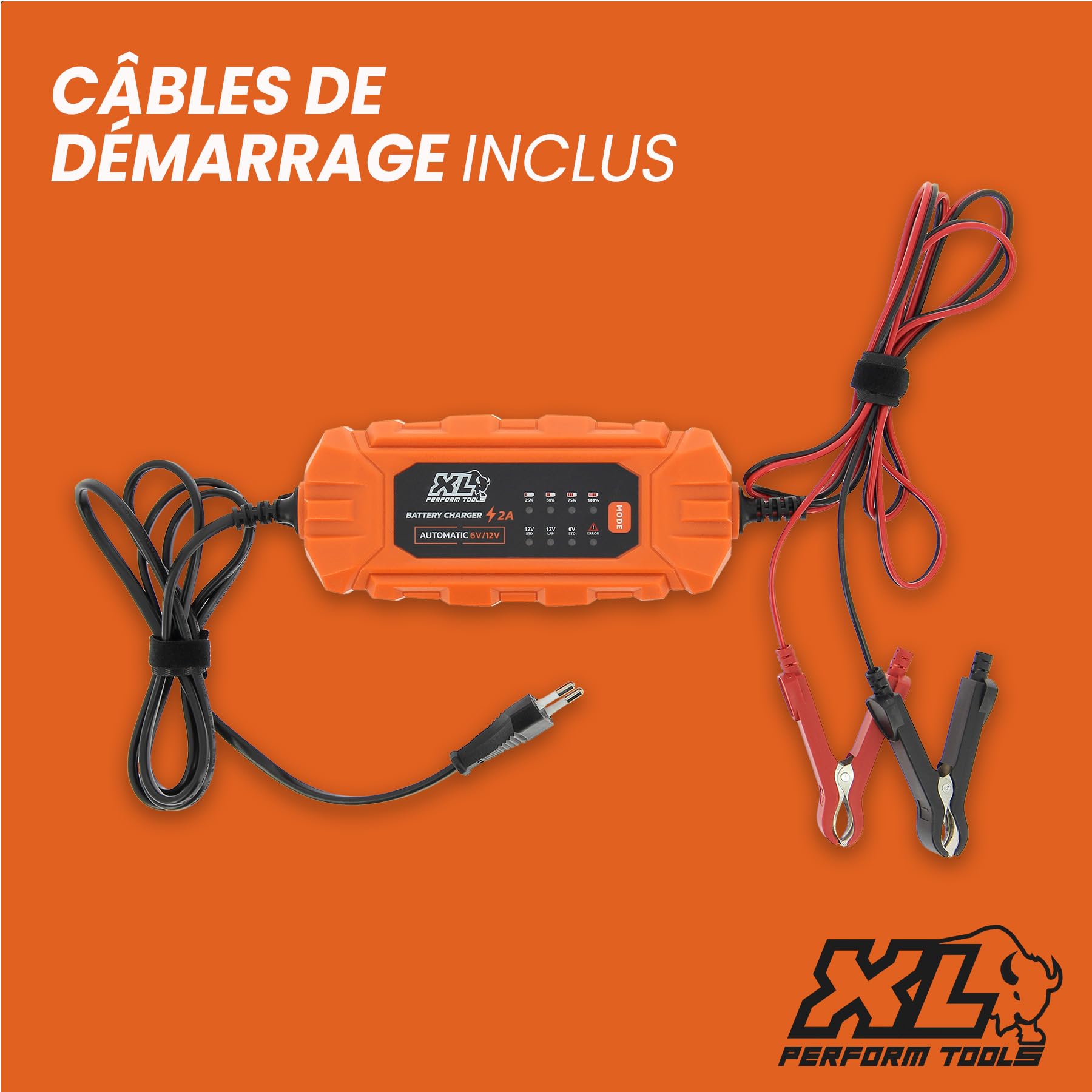 XL Perform Tools 553995 Chargeur de Batterie de Petite Cylindrée 6V/12V 2A, Chargeur de Batterie Intelligent Compact, Maintien de Charge