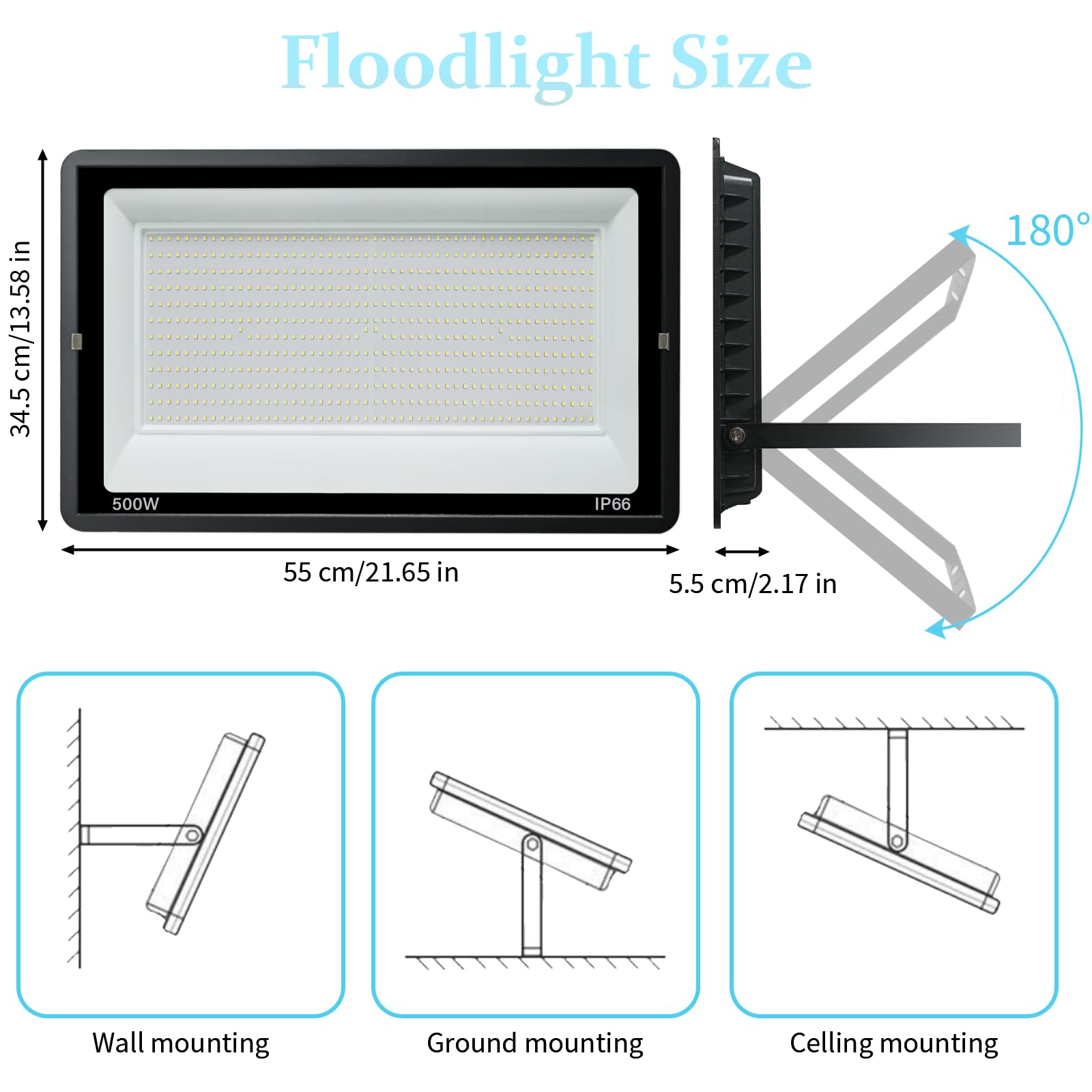 Zewnętrzny reflektor LED 500W: 50000LM 6000K IP66 Reflektory zewnętrzne | Zewnętrzne oświetlenie punktowe do ogrodów, tarasów, garaży, oszczędność energii