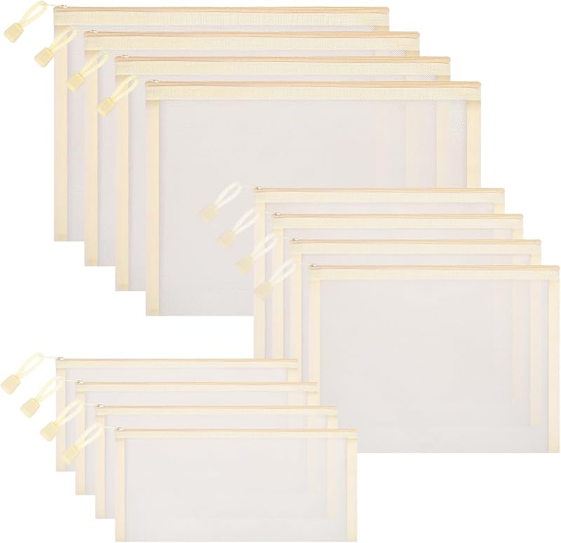 Sinzip Kit com 12 Necessaires de Tela de Nylon com Zíper, Tamanhos Sortidos, Bege