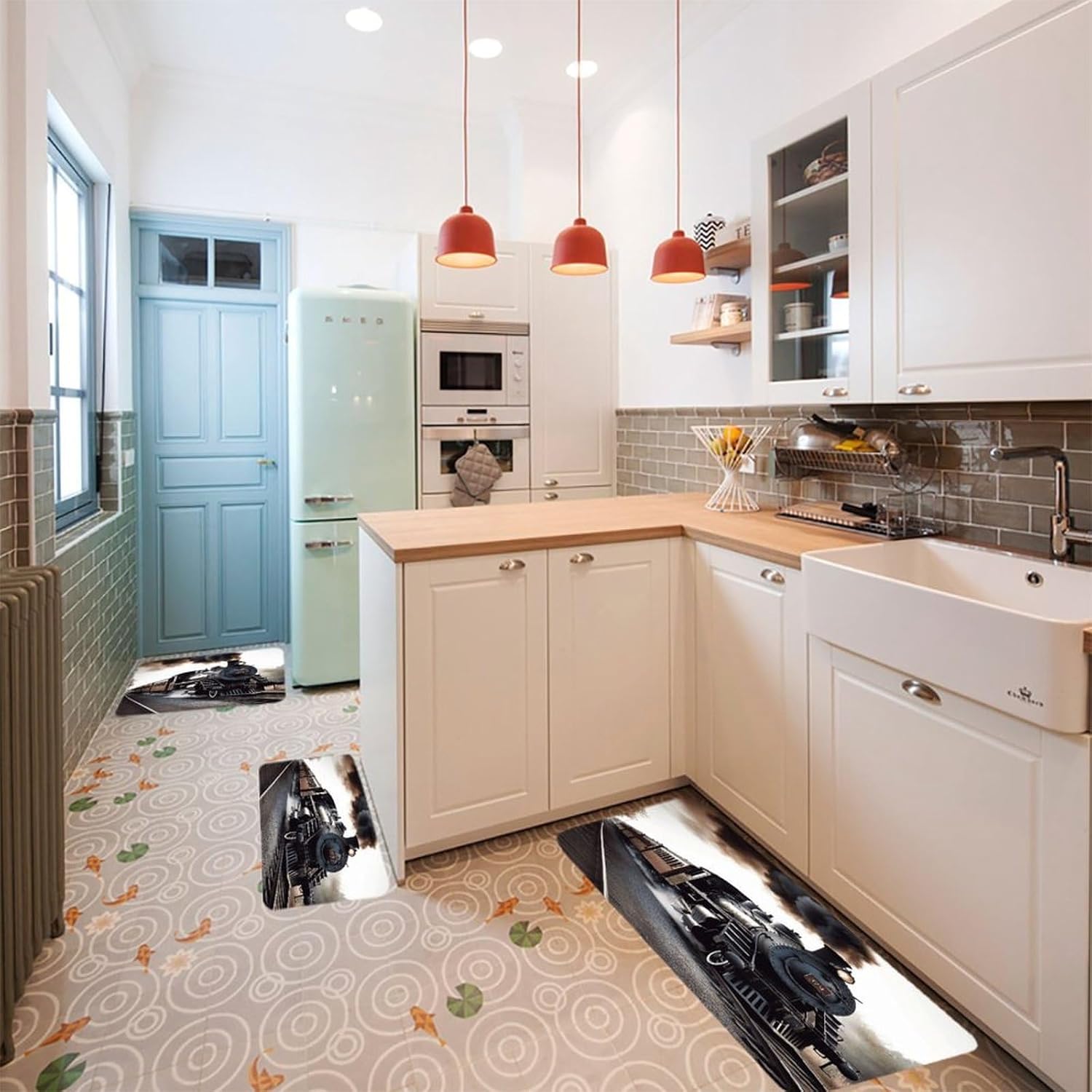 Steam Train Kitchen Rugs Sets of 3 Non Slip Kitchen Mats for Floor Farmhouse Kitchen Sink Mat Thick Comfort Standing Mat for Laundry Room Hallway Bathroom