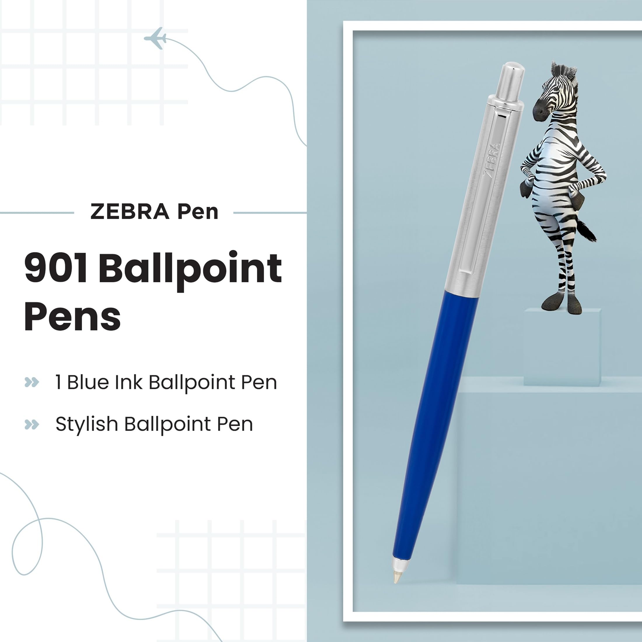 Zebra Pen 901 Blue Ballpoint Pens, Sleek & Stylish Biro Pen, Retractable & Reliable, Black Ink - Image 2