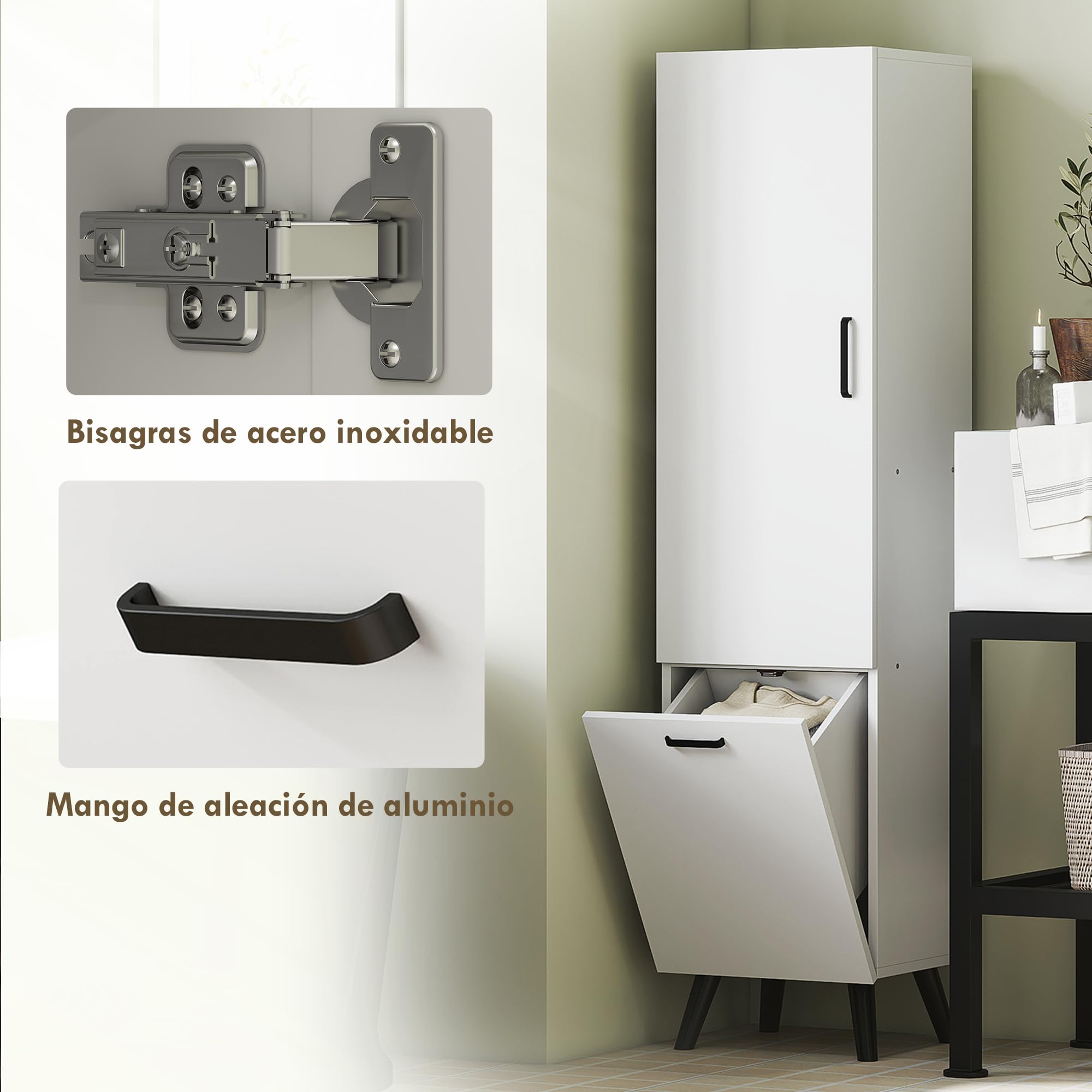 HOMCOM Armario de Baño Alto con Puerta y Estantes 35x31,5x144 cm Blanco | Columna de Baño Estrecha, Cesto para Ropa Sucia, Mueble Auxiliar para Cocina Salón