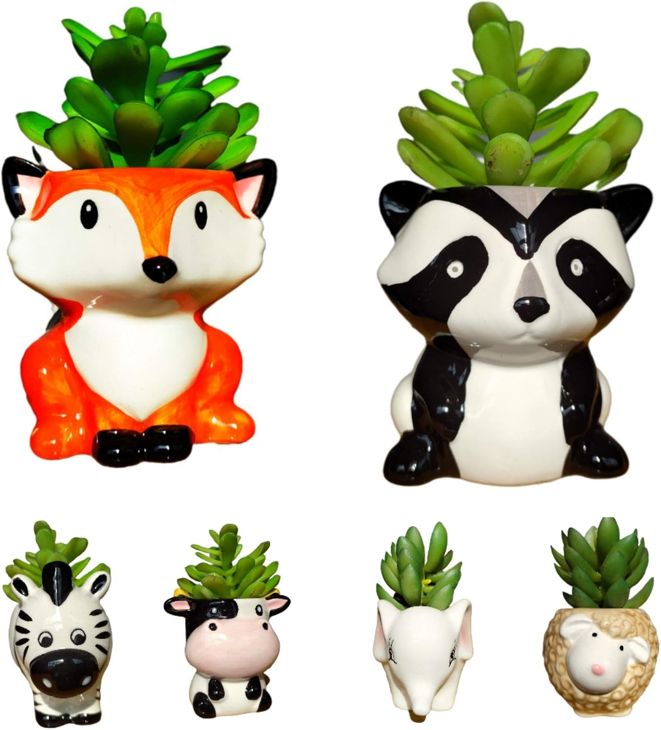 6 PCS Set Mini Cute Cartoon Animal Shaped Succulent Cactus Flower Pot/Planter/Container for Home Garden Office Desktop Decoration - Plants Not Included (Small,Panda Fox Cow Elephant Sheep Zebra)