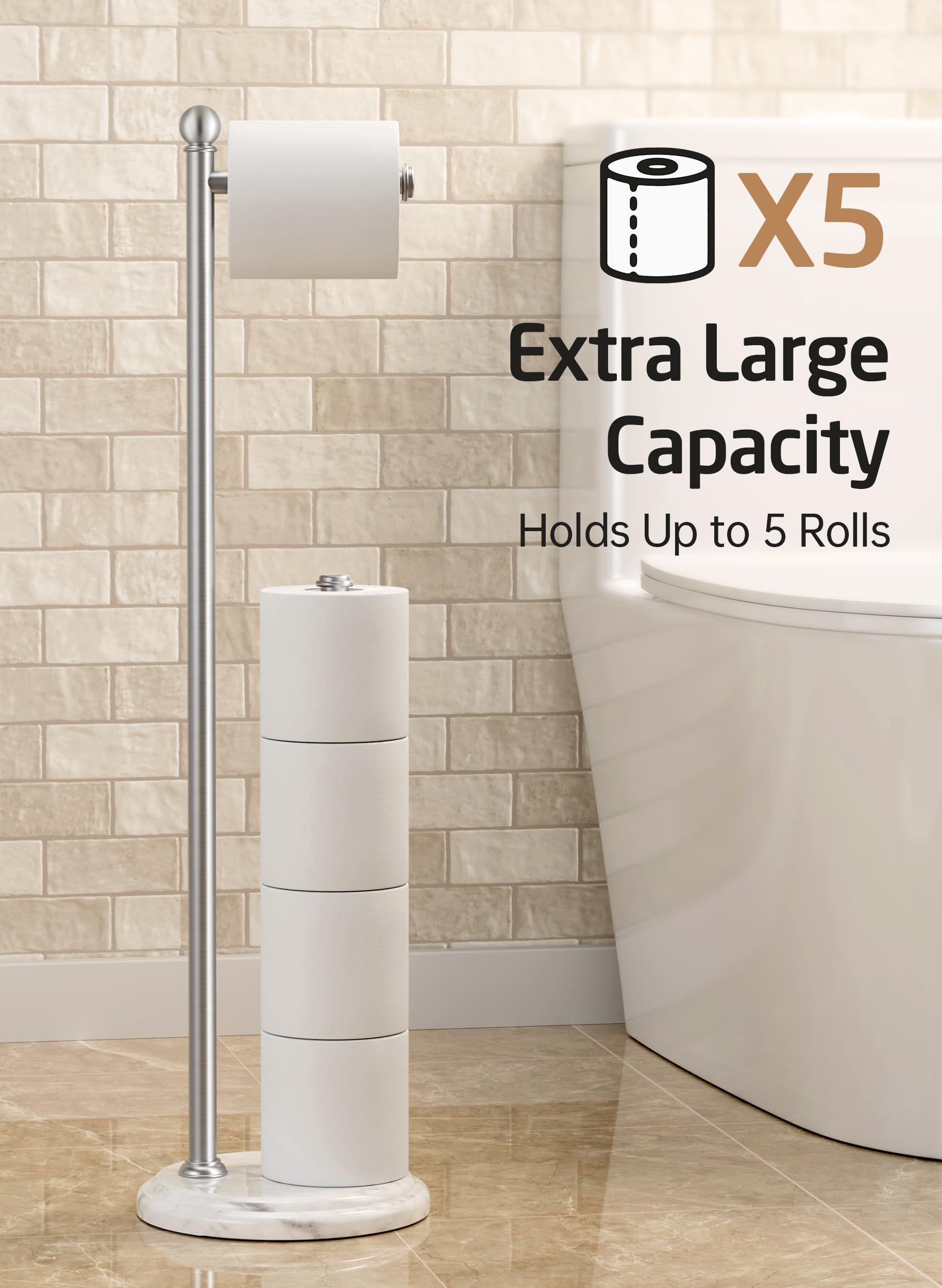 KES Portarrollos de papel higiénico de pie, soporte para rollos de papel higiénico de acero inoxidable con base de mármol, portarrollos de papel higiénico extra estable para 5 ruedas, cepillado