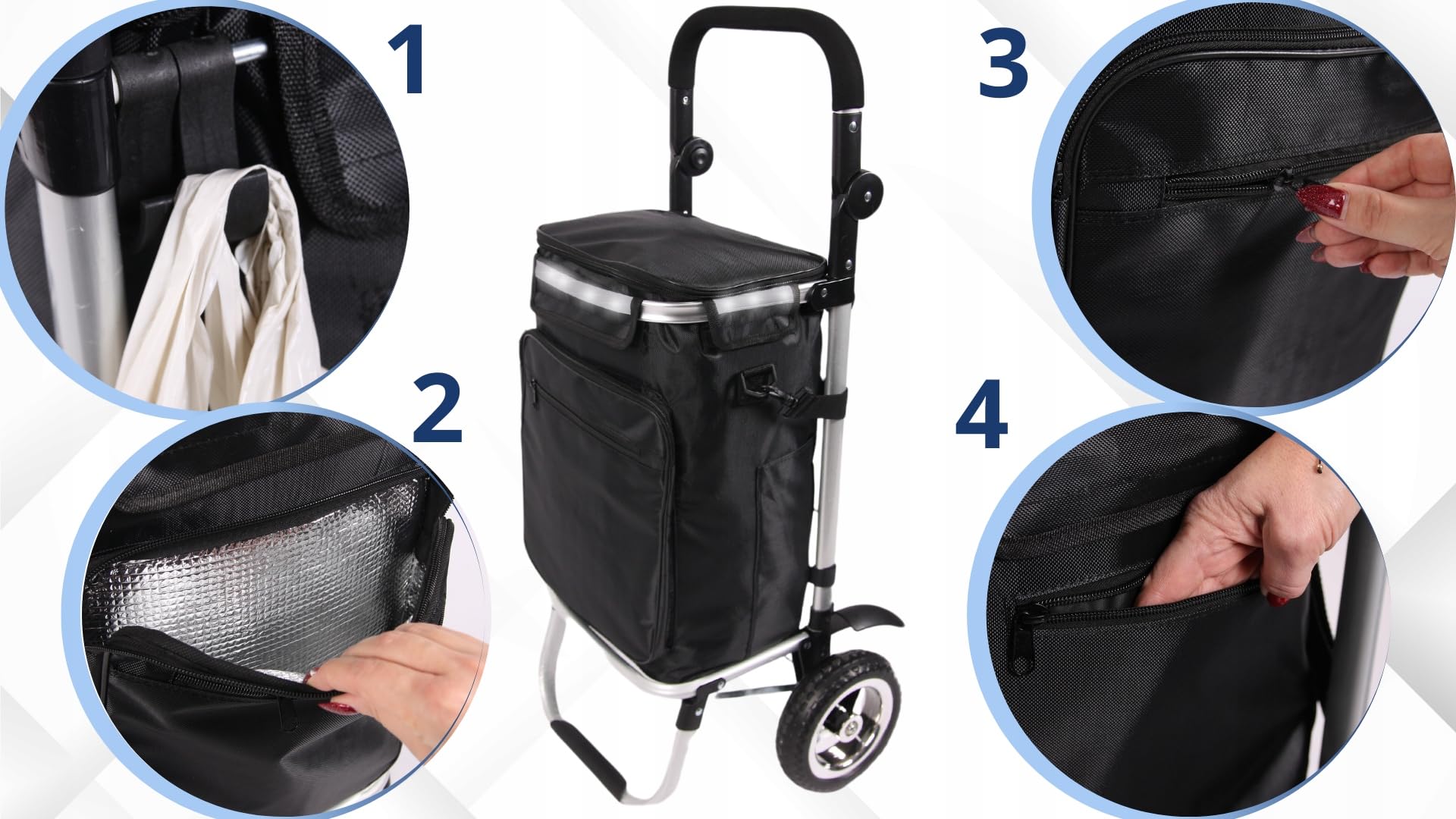 Wózek na Zakupy, 45L Pojemność, Szary, Aluminiowa Rama, Wodoodporny, z Kieszenią Termoizolacyjną, Składany, Regulowany Uchwyt 66-110cm