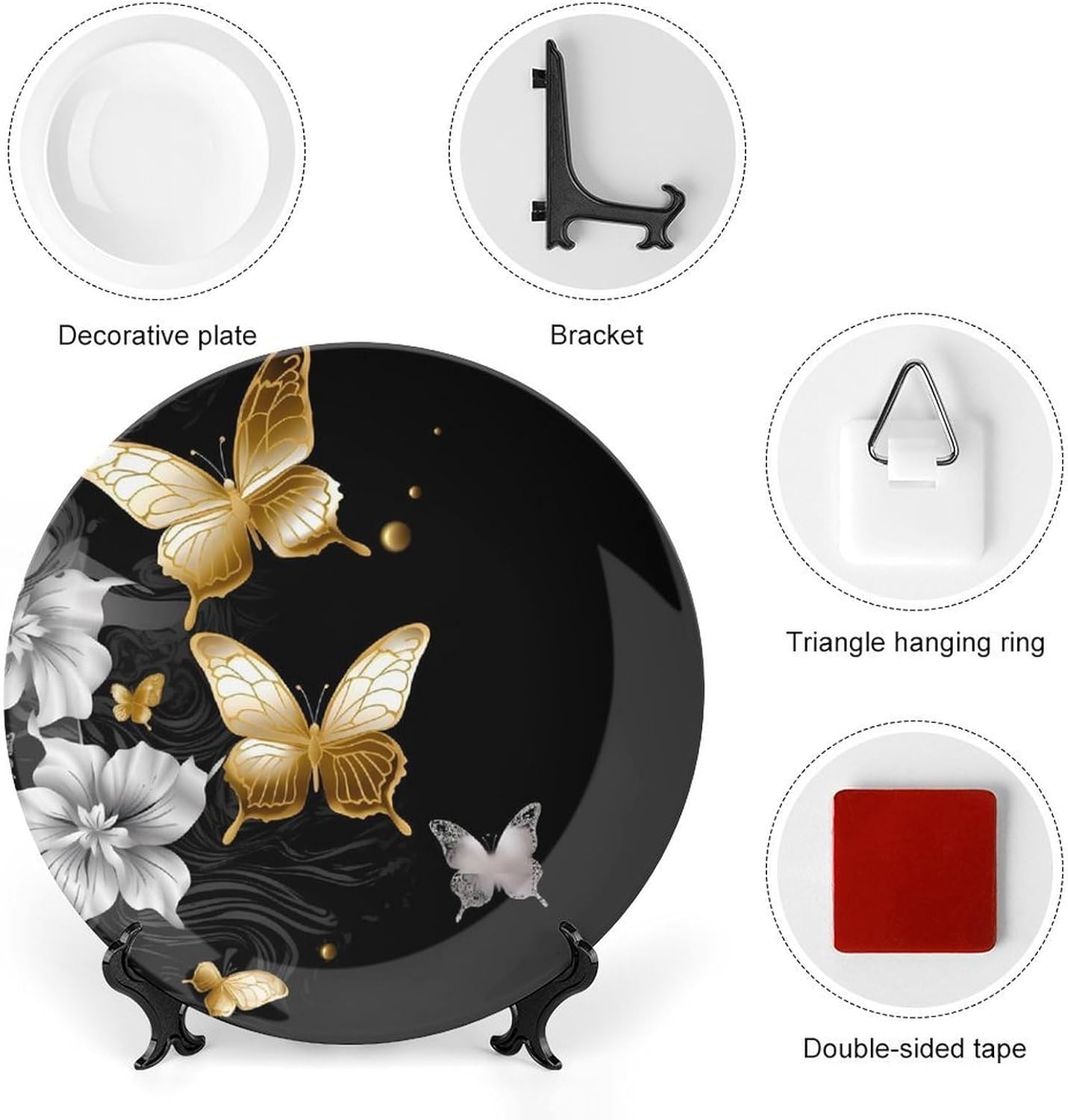 Gold White Butterflies Black Ceramic Plate 10inch Decorative Bone China Wall Hanging Ornament Plates Bohemian Style Dinner Plate with Display Stand Cabinet Display Plates for Home Art Decor
