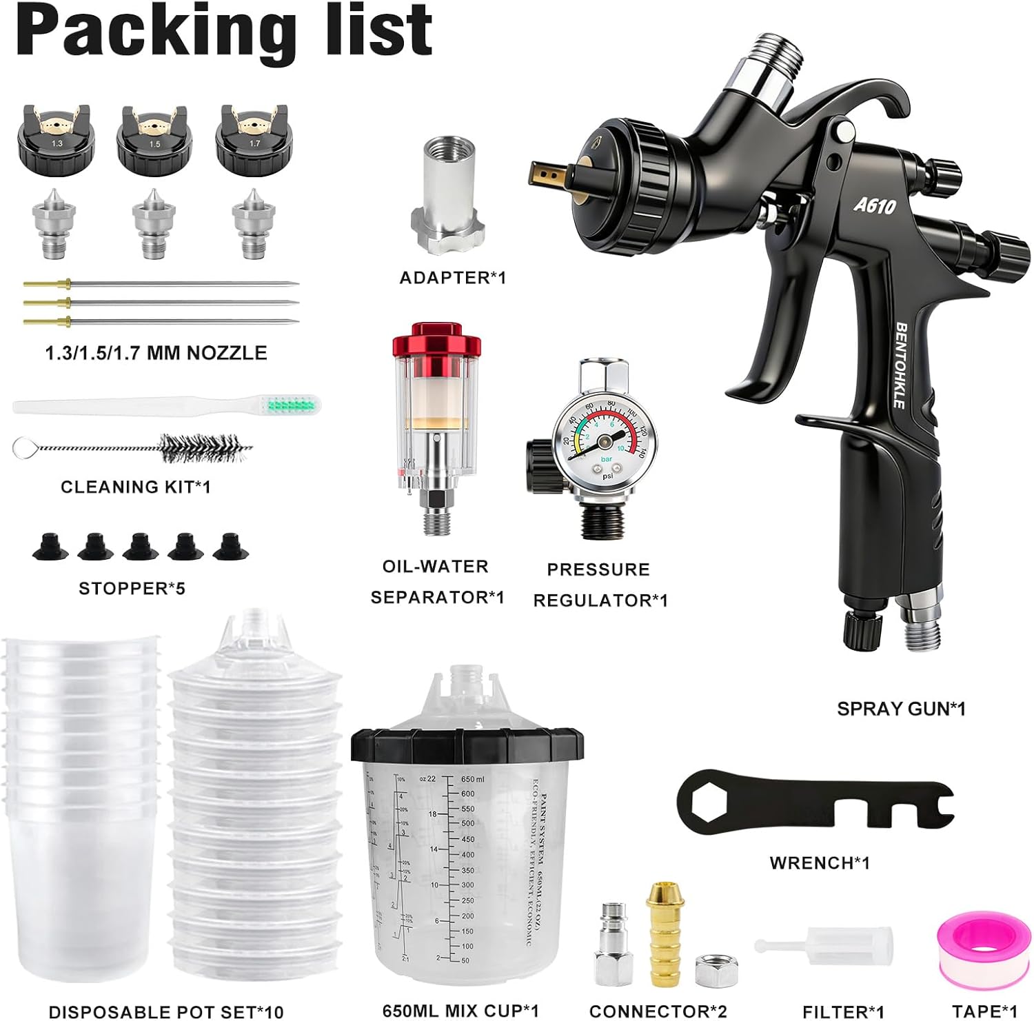 R500 LVLP Air Spray Gun with 10PCS 650ML Disposable Paint Cups, A610 Paint Guns Automotive, Paint Gun Sprayer for Car Painting, 1.3/1.5/1.7mm Nozzles, with Air Regulator&Water-Oil Separator