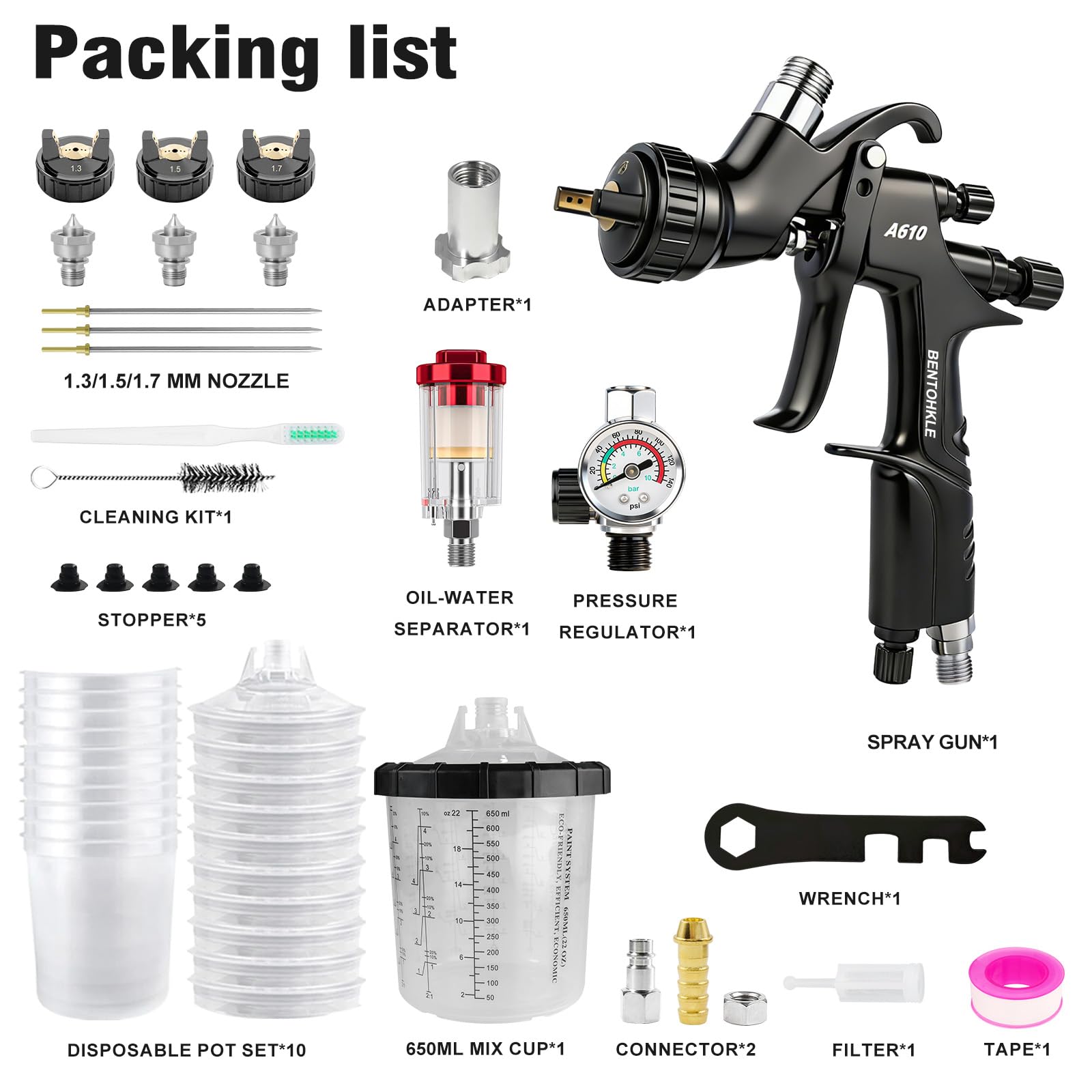 R500 LVLP Pistola a spruzzo ad aria con 10 contenitori monouso da 650 ml, Pistole a Spruzzo A610 per automobili, Spruzzatore per Verniciatura con 1,3/1,5/1,7 mm Ugelli (A610 con 10 vaschette vernice)
