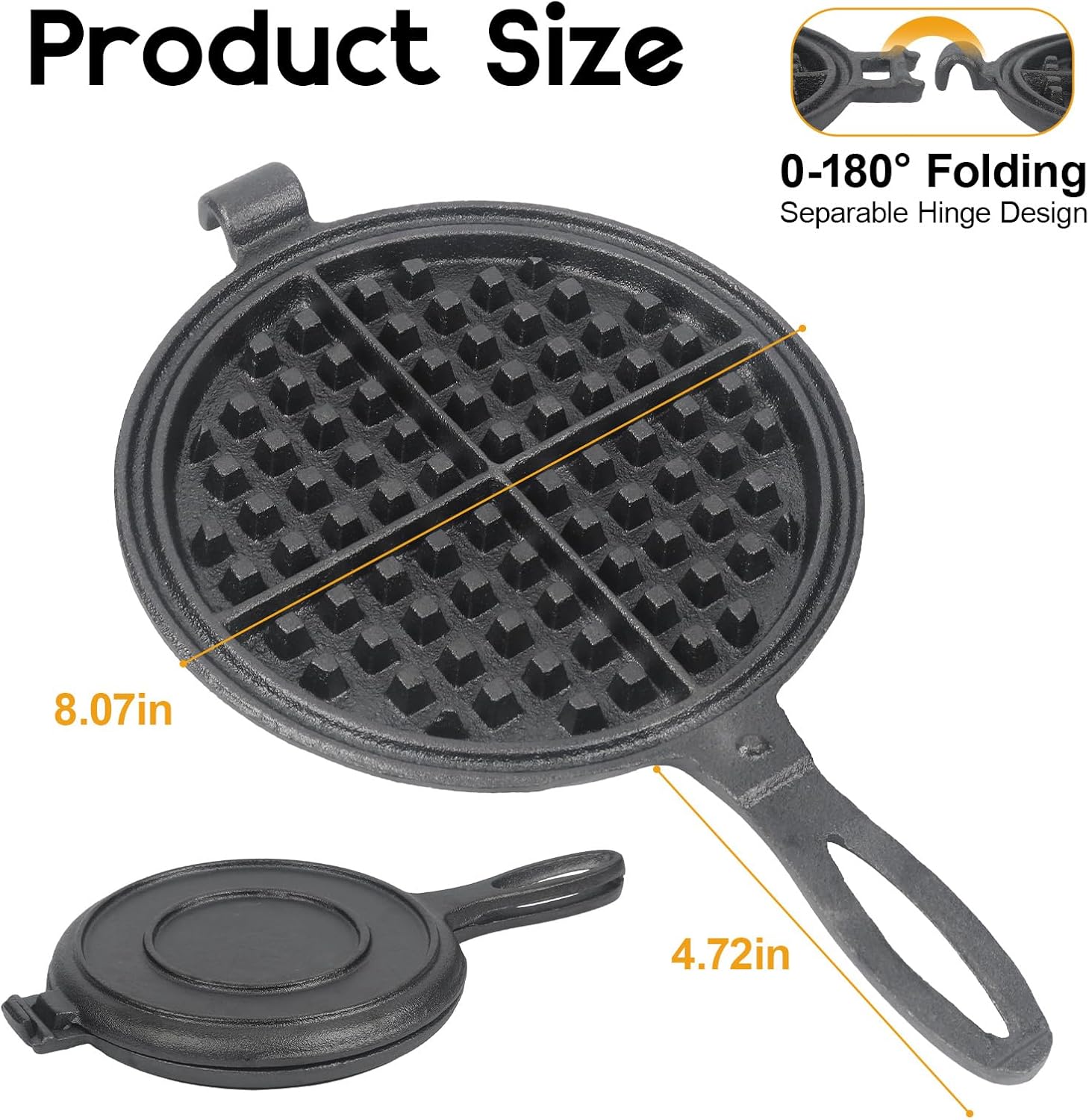 Cast Iron Waffle Maker for Stovetop or Camping Grill Two Piece Hinged Non Electric Waffle Iron Makes 8" Round Waffles