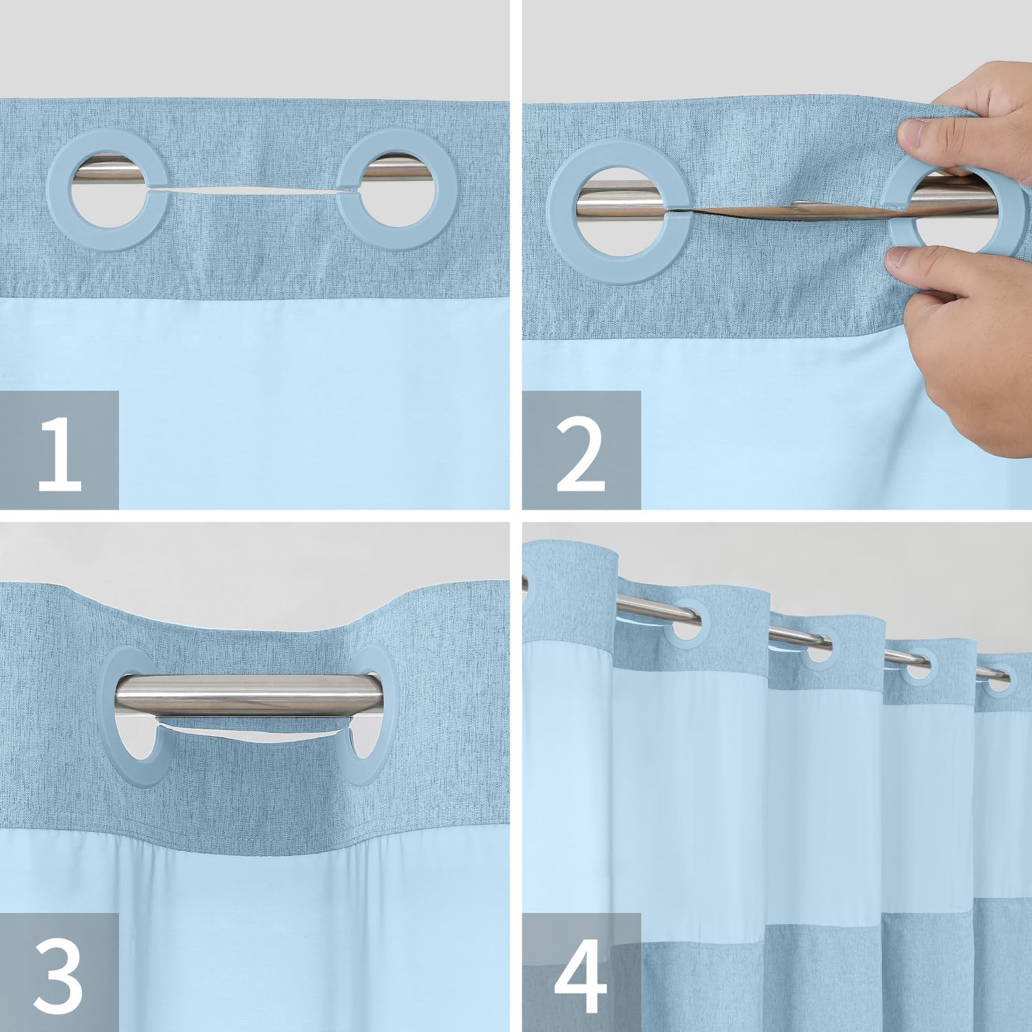 Extra Long No Hooks Needed Linen Textured Shower Curtain with Snap-in Fabric Liner Set,White Hotel Luxury Decor Shower Curtains for Bathroom,Waterproof & Washable,71Wx86H,Fog Blue