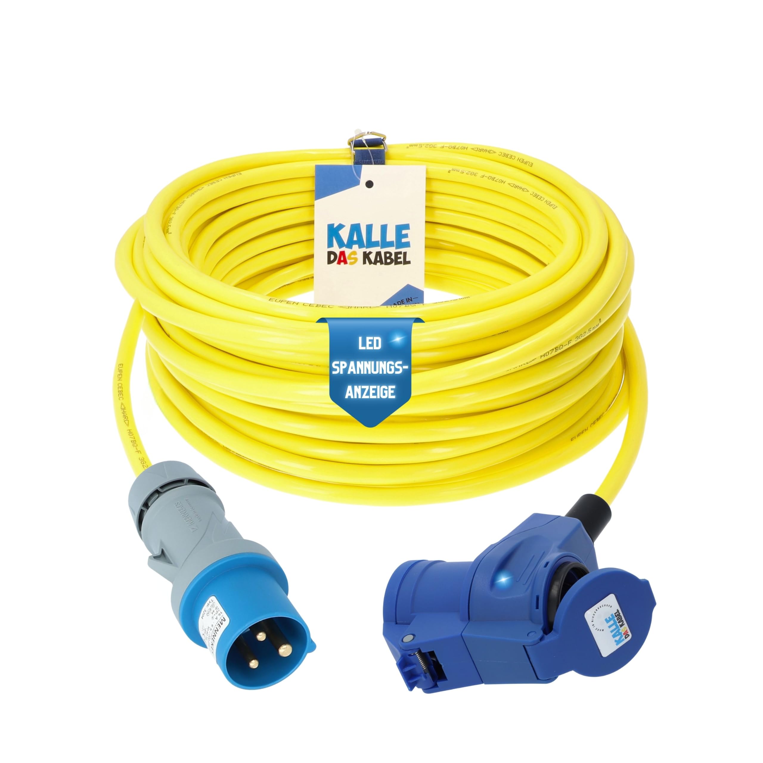 KALLE DAS KABEL CEE Verlängerungskabel 230V 16A – H07BQ-F 3G 2,5 mm², CEE Stecker auf CEE Winkelkupplung mit Schukosteckdose & LED Spannungsanzeige, IP44, Signal Gelb, Camping Caravan 20 Meter