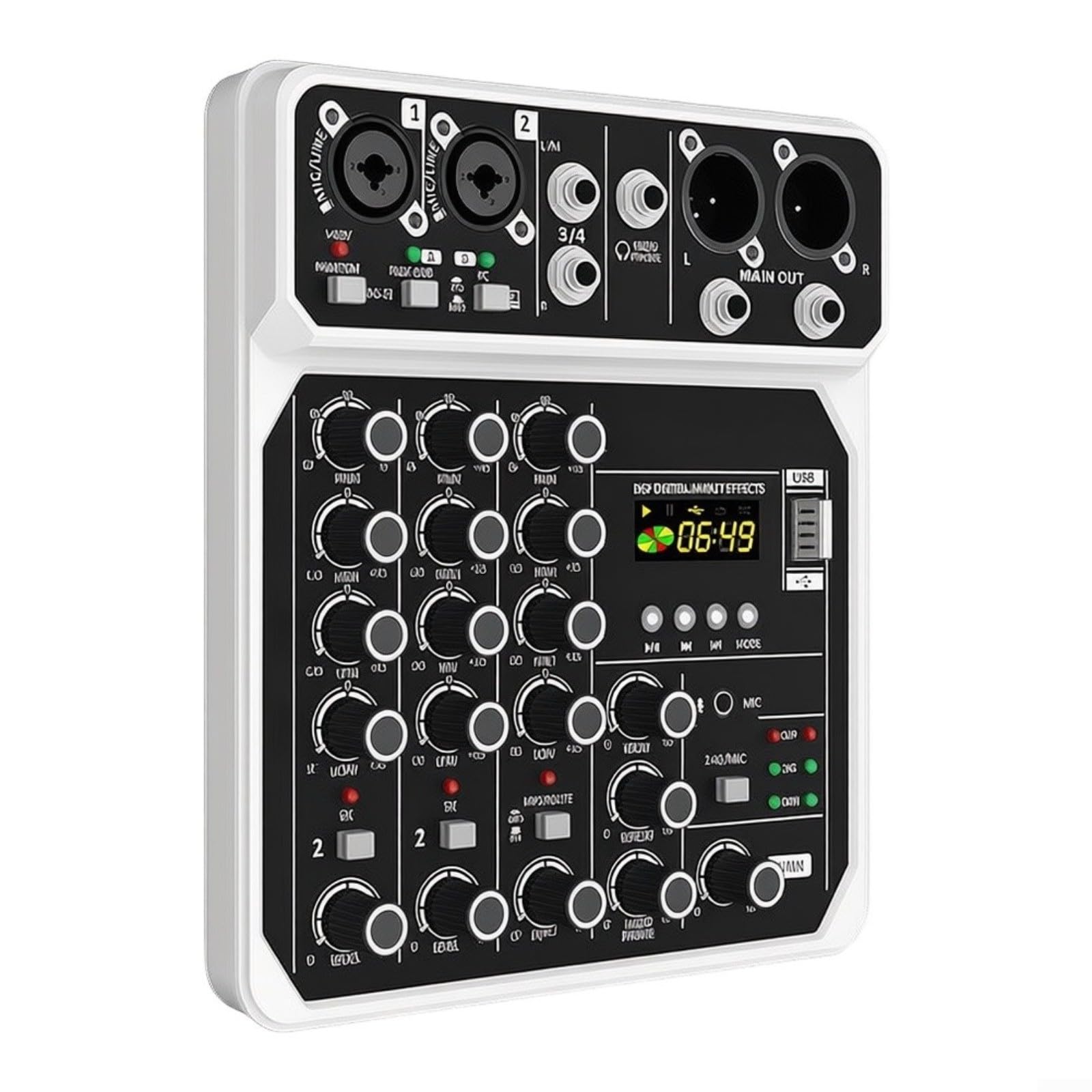 Console di mixaggio a 4 canali, lettore MP3 compatto integrato da 48 V e doppio microfono mixer audio in ABS per esibizioni dal vivo ed eventi all'aperto