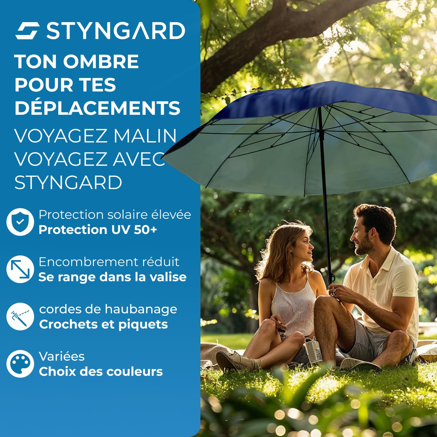 STYNGARD Parasol Plage Anti UV et Vent UV 50+ [155 cm ⌀] - Parasol de Voyage avec des câbles d'ancrage - Modèle NICE