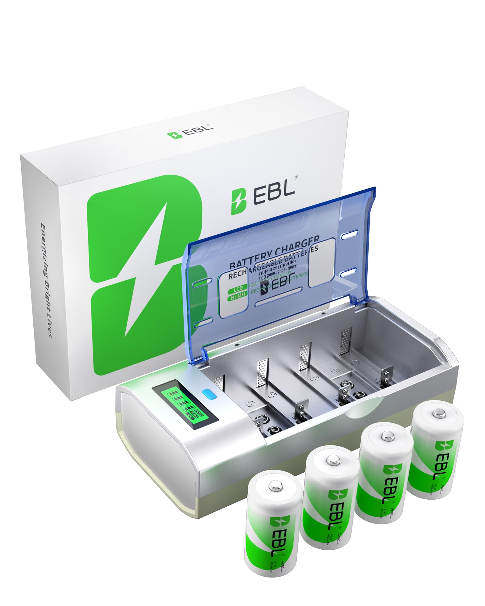 EBL Rechargeable D Batteries with Charger - LCD Universal Smart Battery Charger for C D AA AAA 9V Ni-MH Ni-CD Batteries With D Batteries (4 PACK)