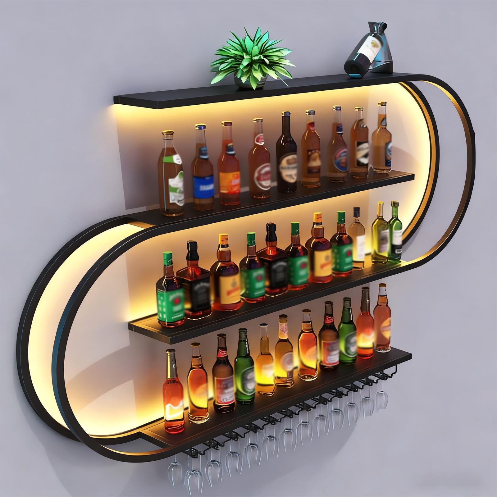 amhricho Wall Mounted Wine Rack, 4 Tier Large Metal Industrial Liquor Bottles Shelf with Glass Holder, Modern Bar Unit Floating Shelves Wine Storage Display Shelf (BLACK, 150CM)
