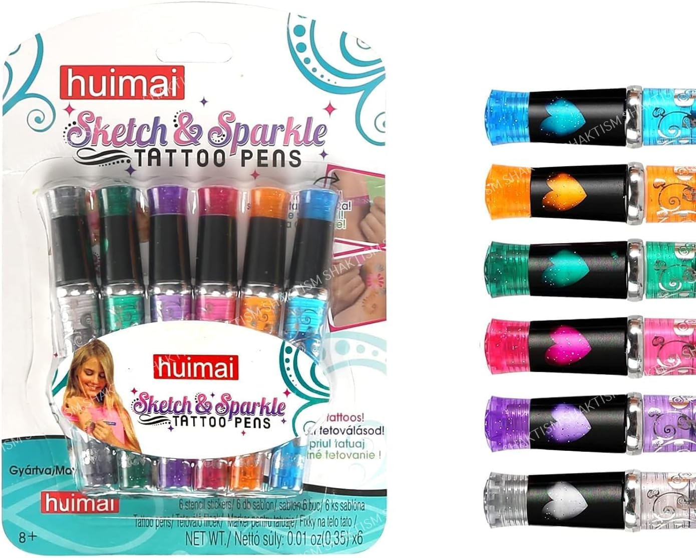 SHAKTISM Sparkle Tattoo Fashion Angels Sparkle Tats Body Art Set Pen Supplies Sparkle Sketch Fun Temporary gel pens Kit with Stencil Tattoo Gel Ink Pen Colorful Glitter -Pack of 6